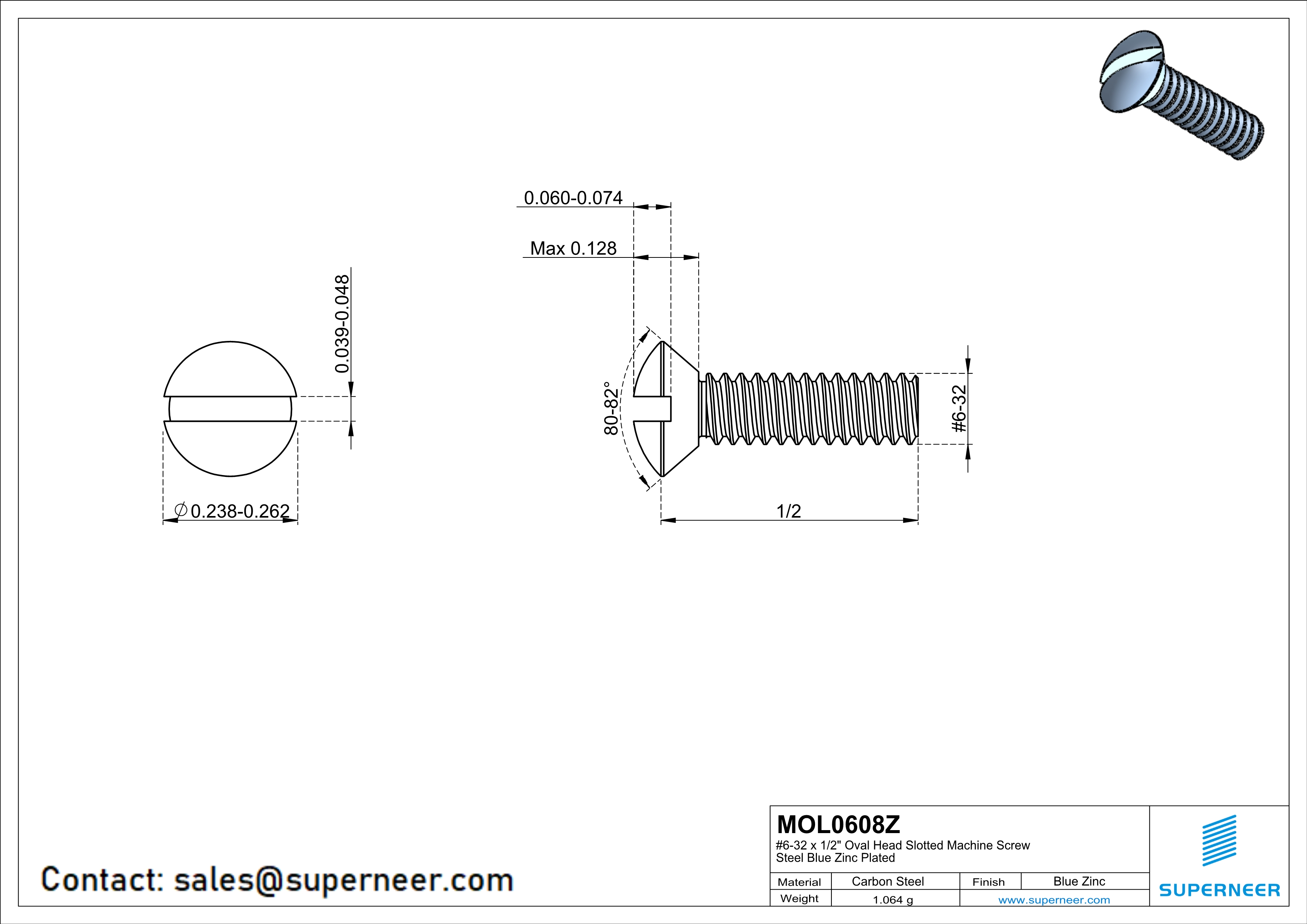 6-32 x 1/2" Oval Head Slotted Machine Screw Steel Blue Zinc Plated