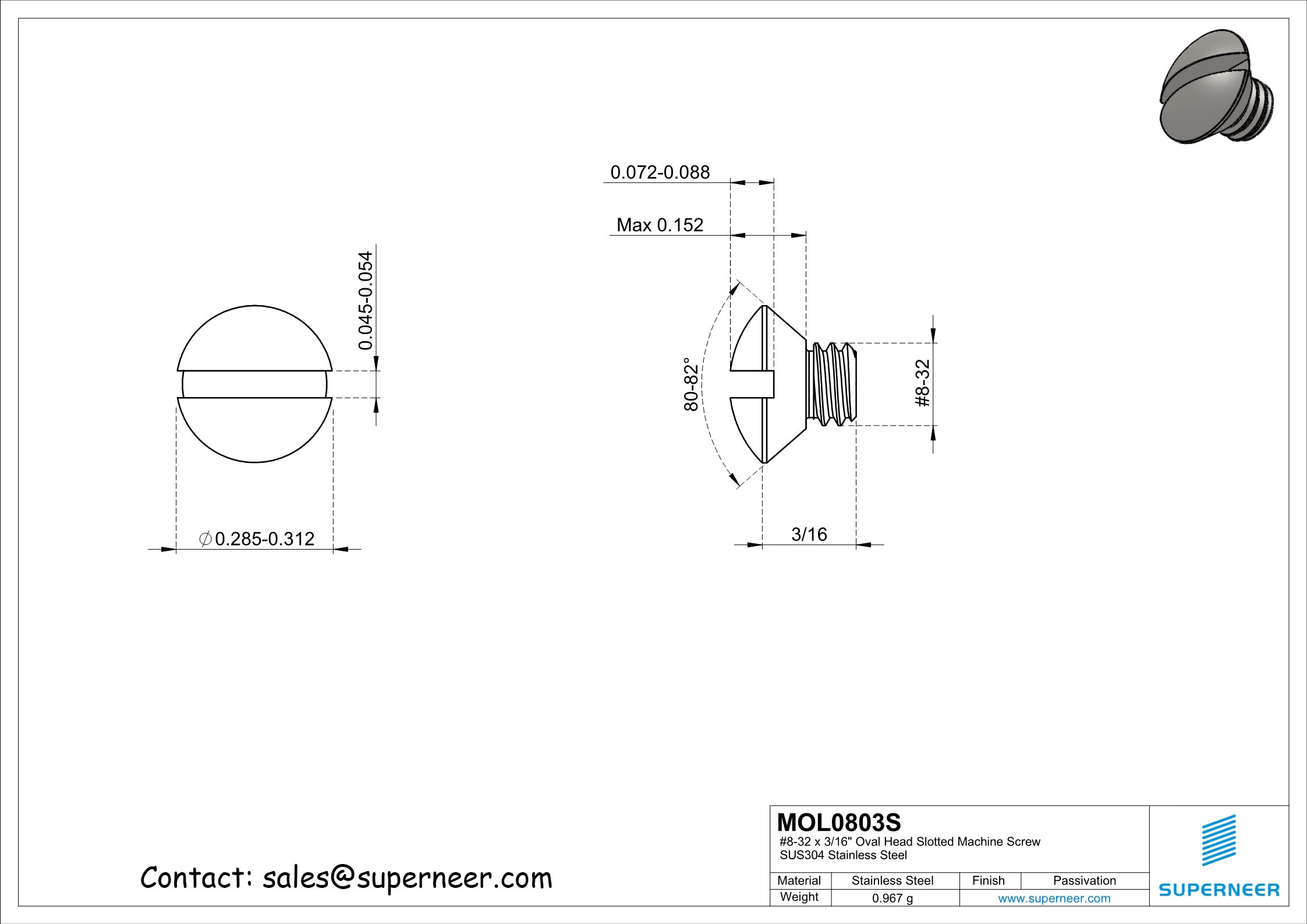 8-32 x 3/16" Oval Head Slotted Machine Screw SUS304 Stainless Steel Inox