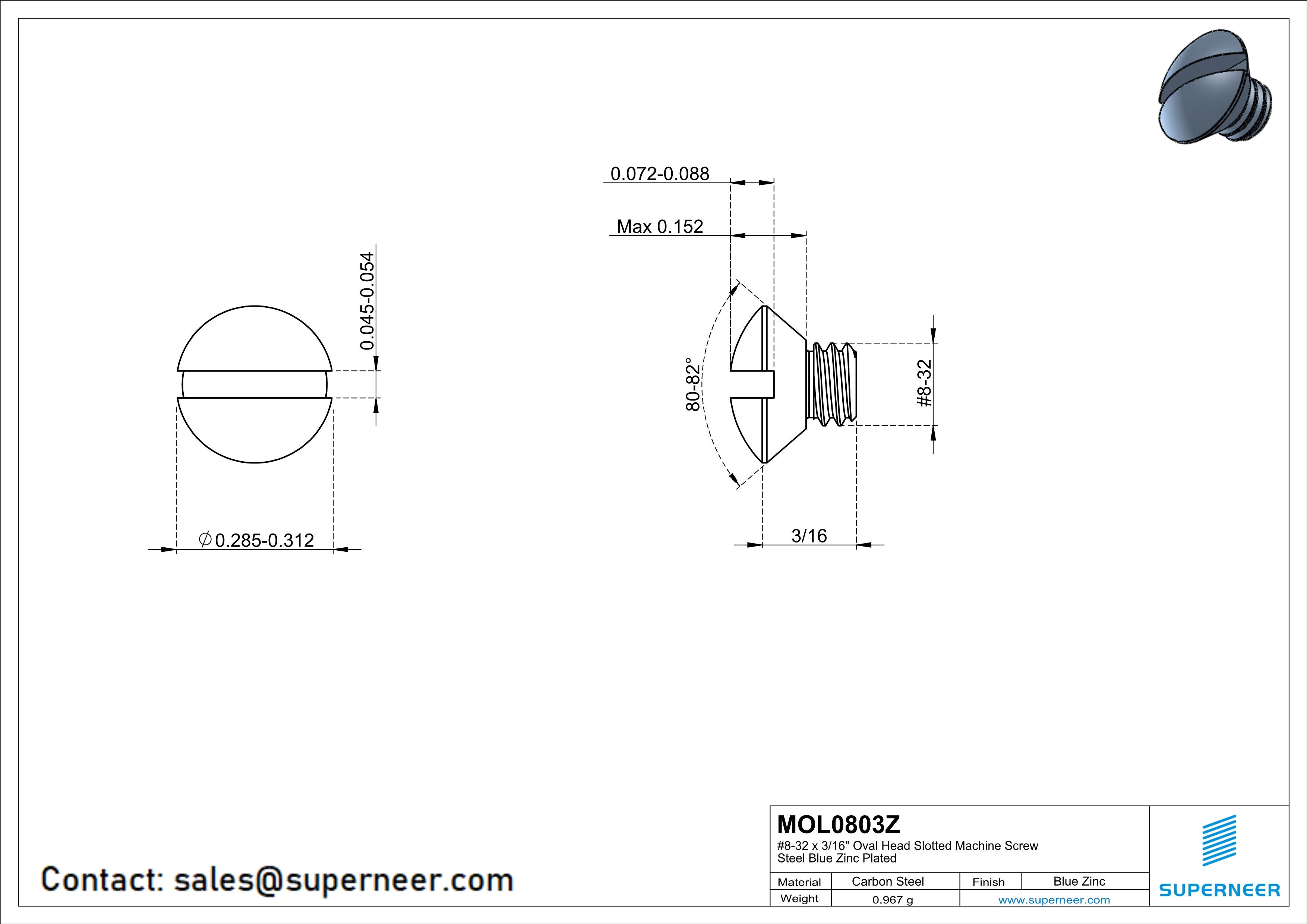 8-32 x 3/16" Oval Head Slotted Machine Screw Steel Blue Zinc Plated