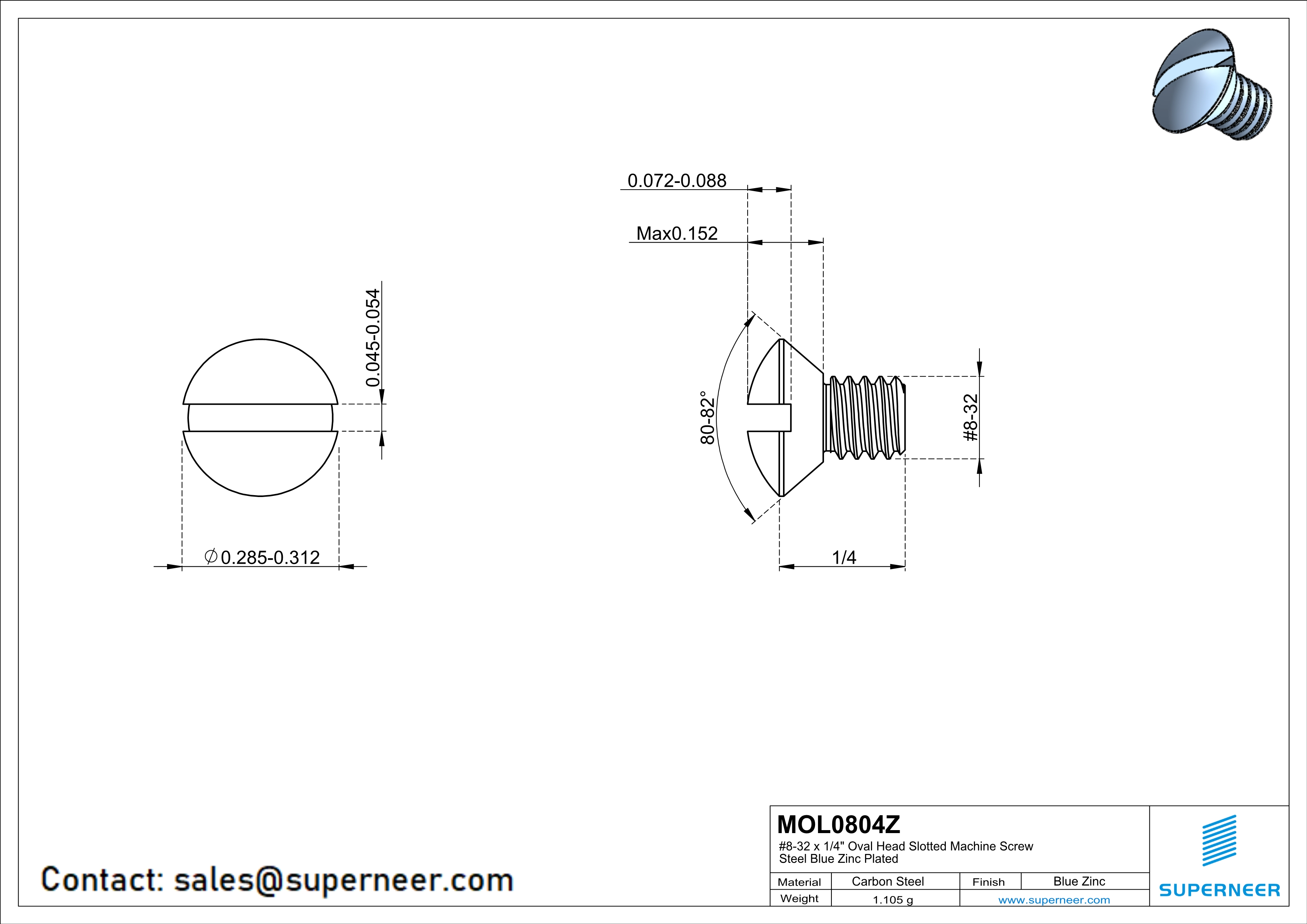 8-32 x 1/4" Oval Head Slotted Machine Screw Steel Blue Zinc Plated