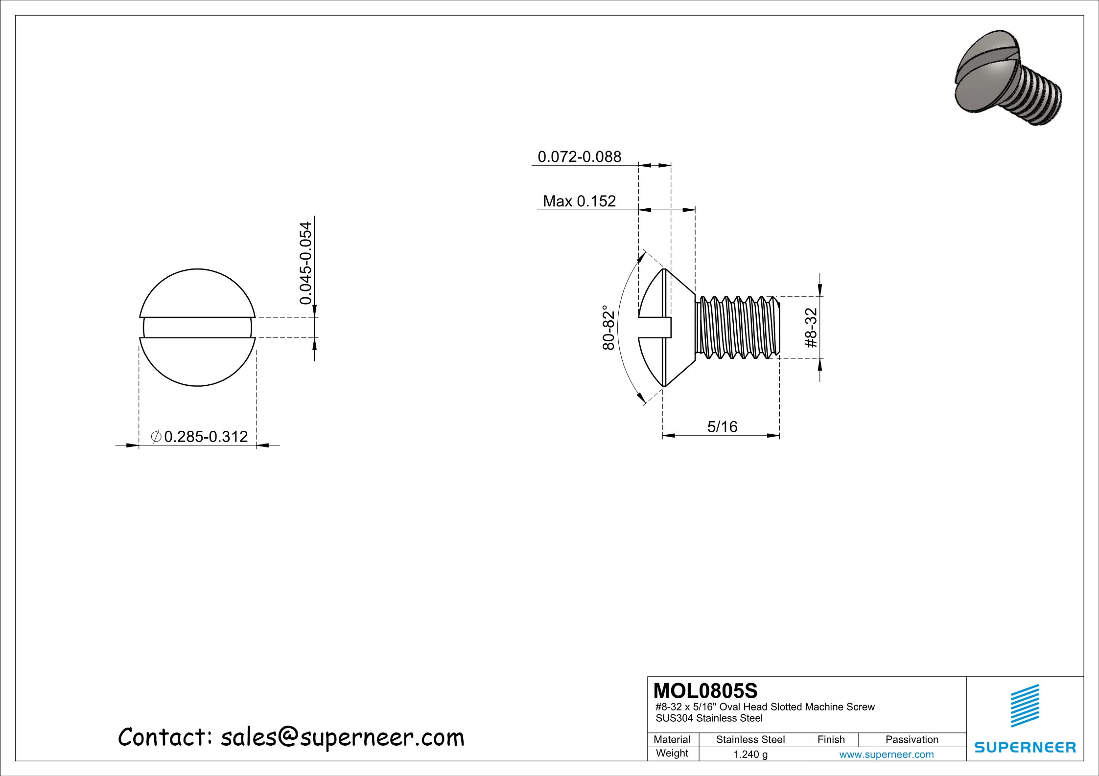 8-32 x 5/16" Oval Head Slotted Machine Screw SUS304 Stainless Steel Inox