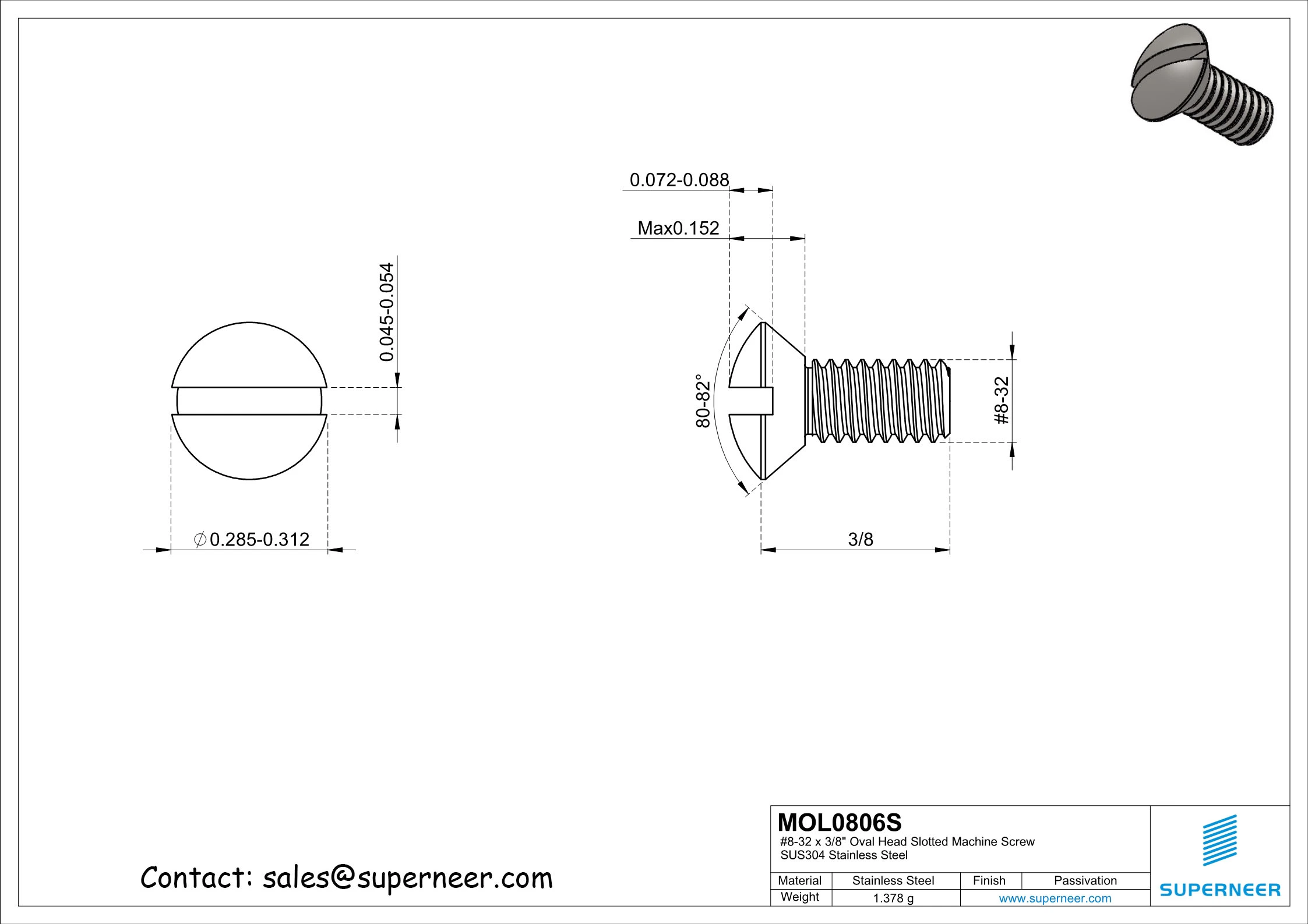 8-32 x 3/8" Oval Head Slotted Machine Screw SUS304 Stainless Steel Inox