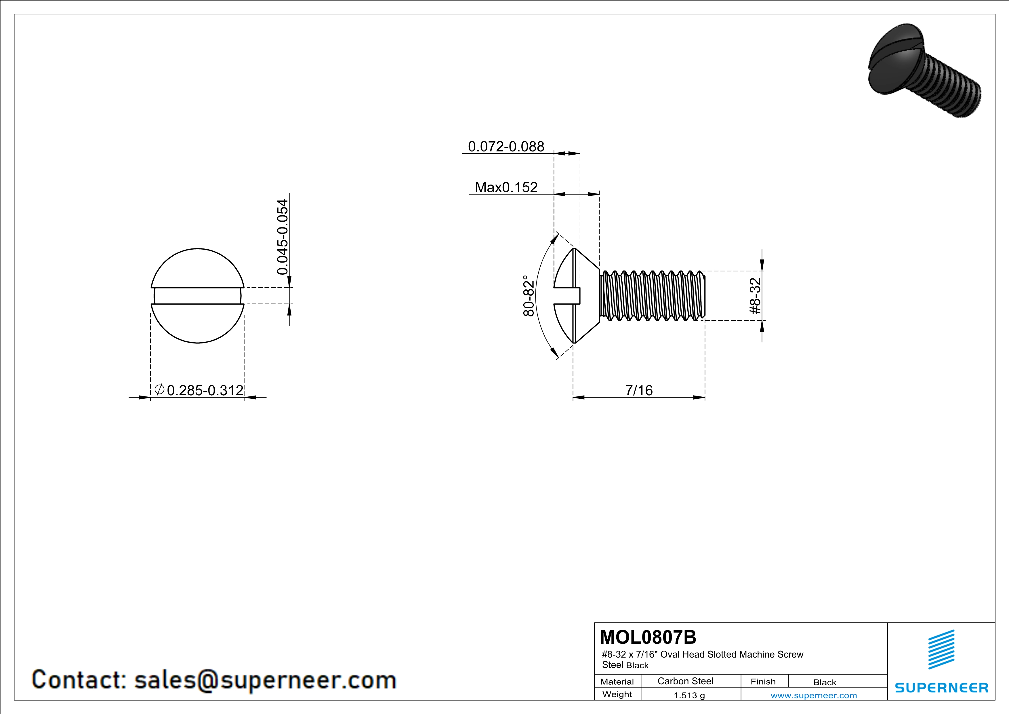 8-32 x7/16" Oval Head Slotted Machine Screw Steel Black