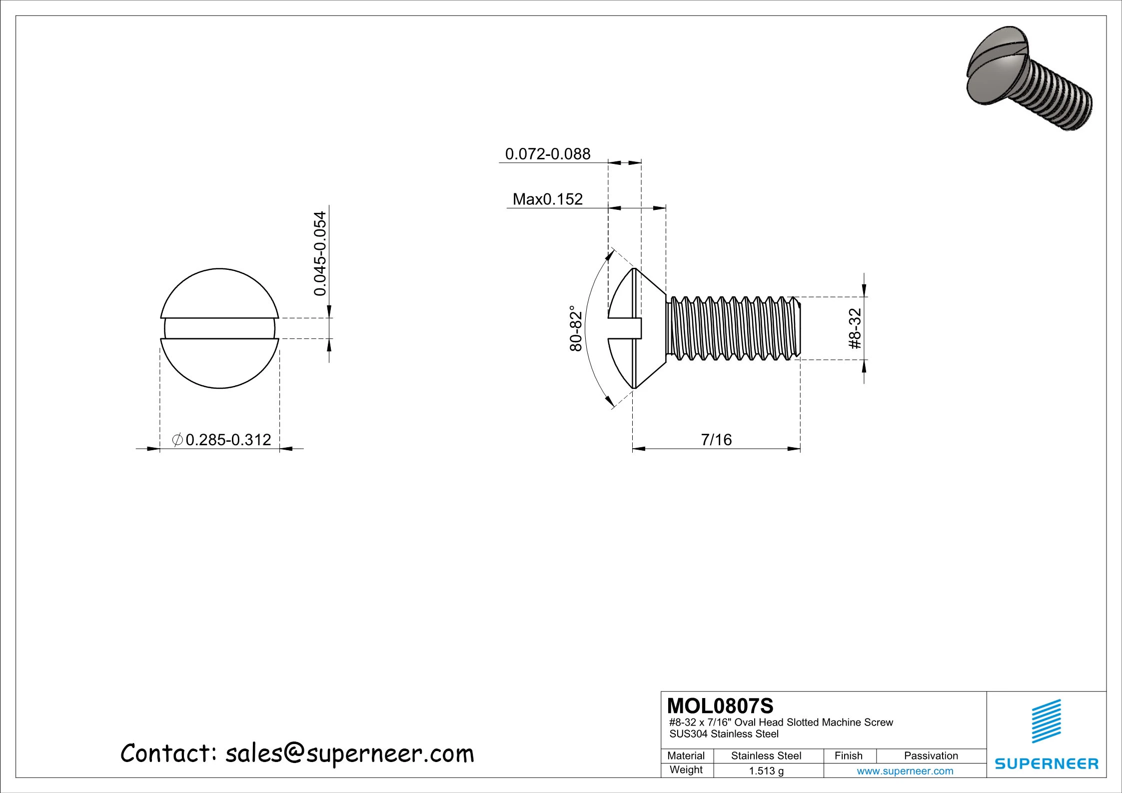 8-32 x 7/16" Oval Head Slotted Machine Screw SUS304 Stainless Steel Inox