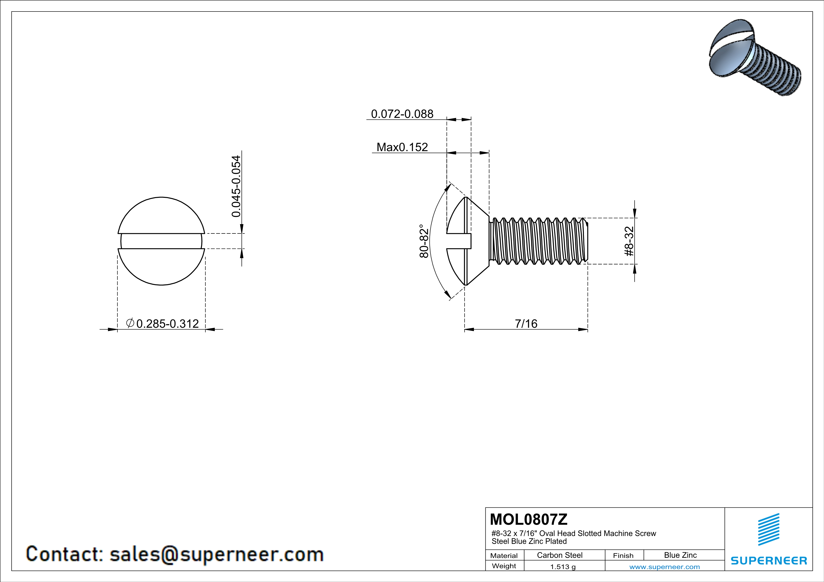 8-32 x7/16" Oval Head Slotted Machine Screw Steel Blue Zinc Plated