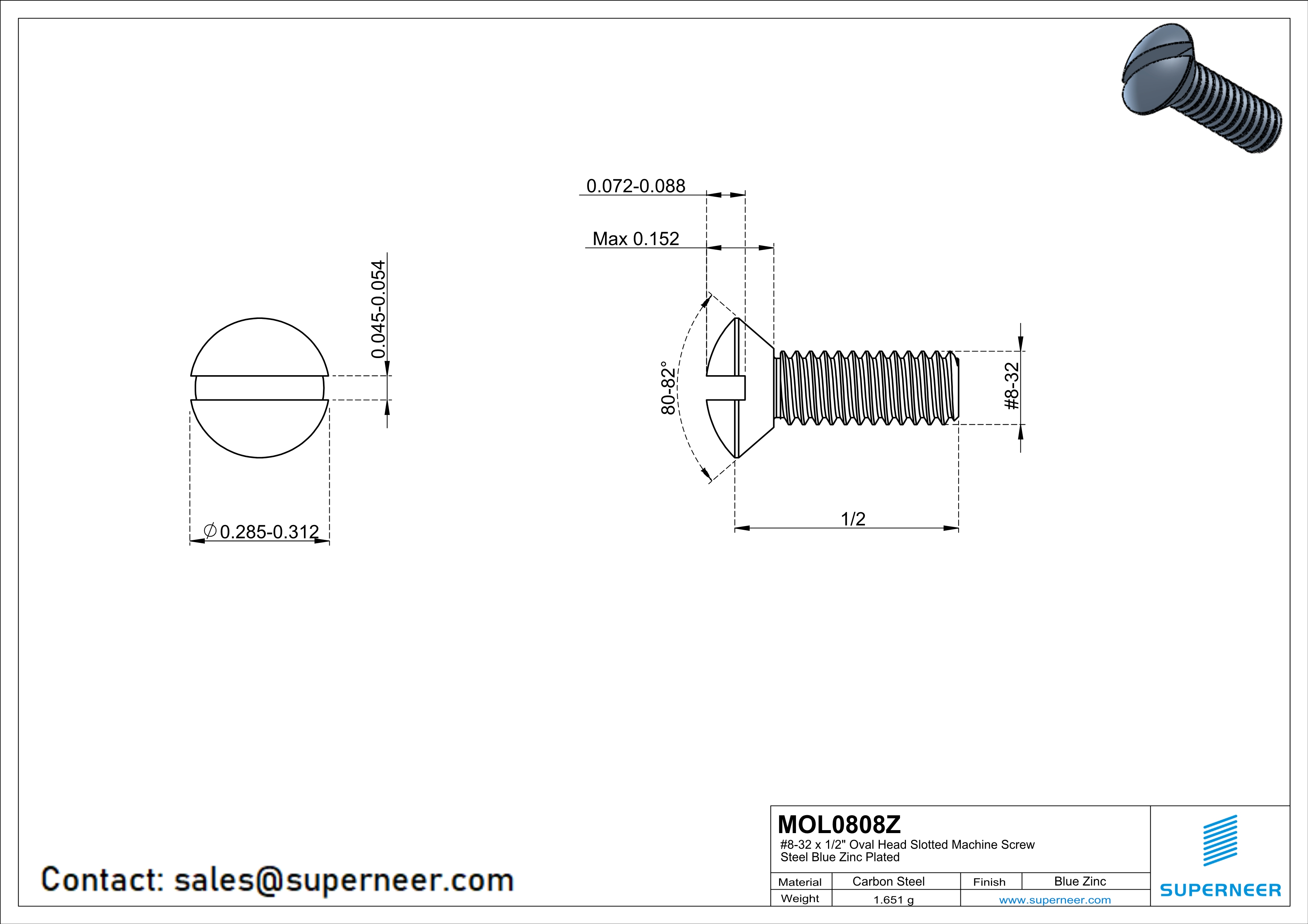 8-32 x 1/2" Oval Head Slotted Machine Screw Steel Blue Zinc Plated