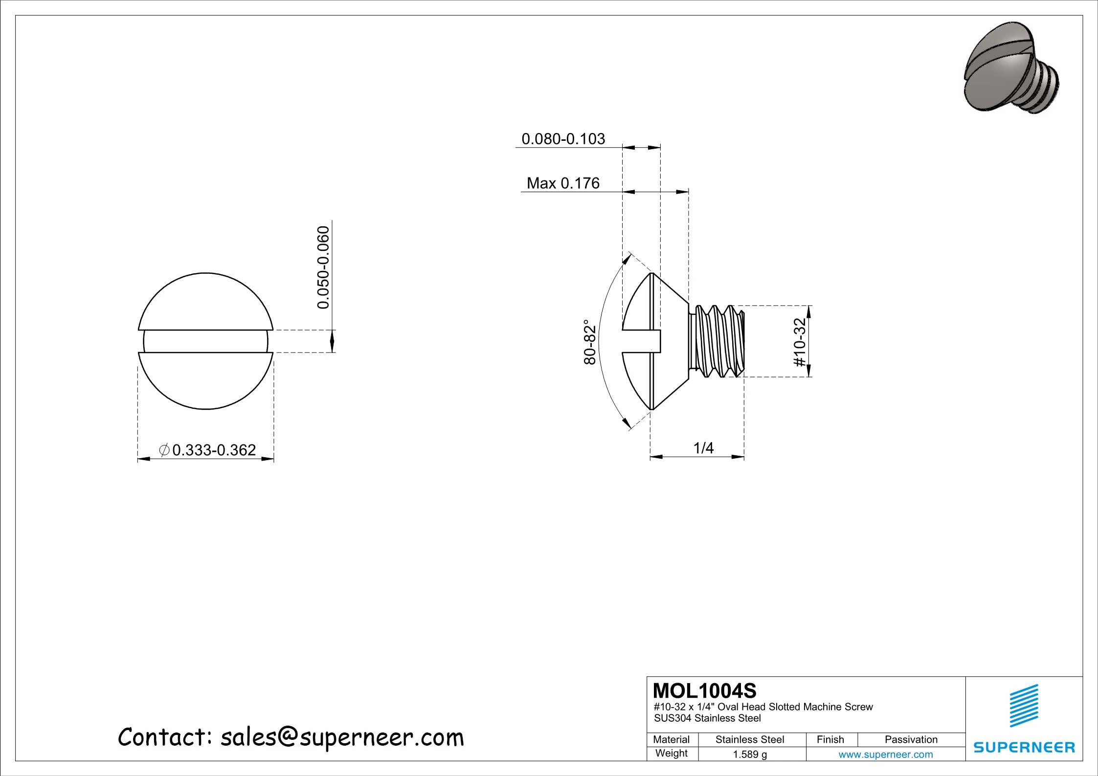 10-32 x 1/4" Oval Head Slotted Machine Screw SUS304 Stainless Steel Inox