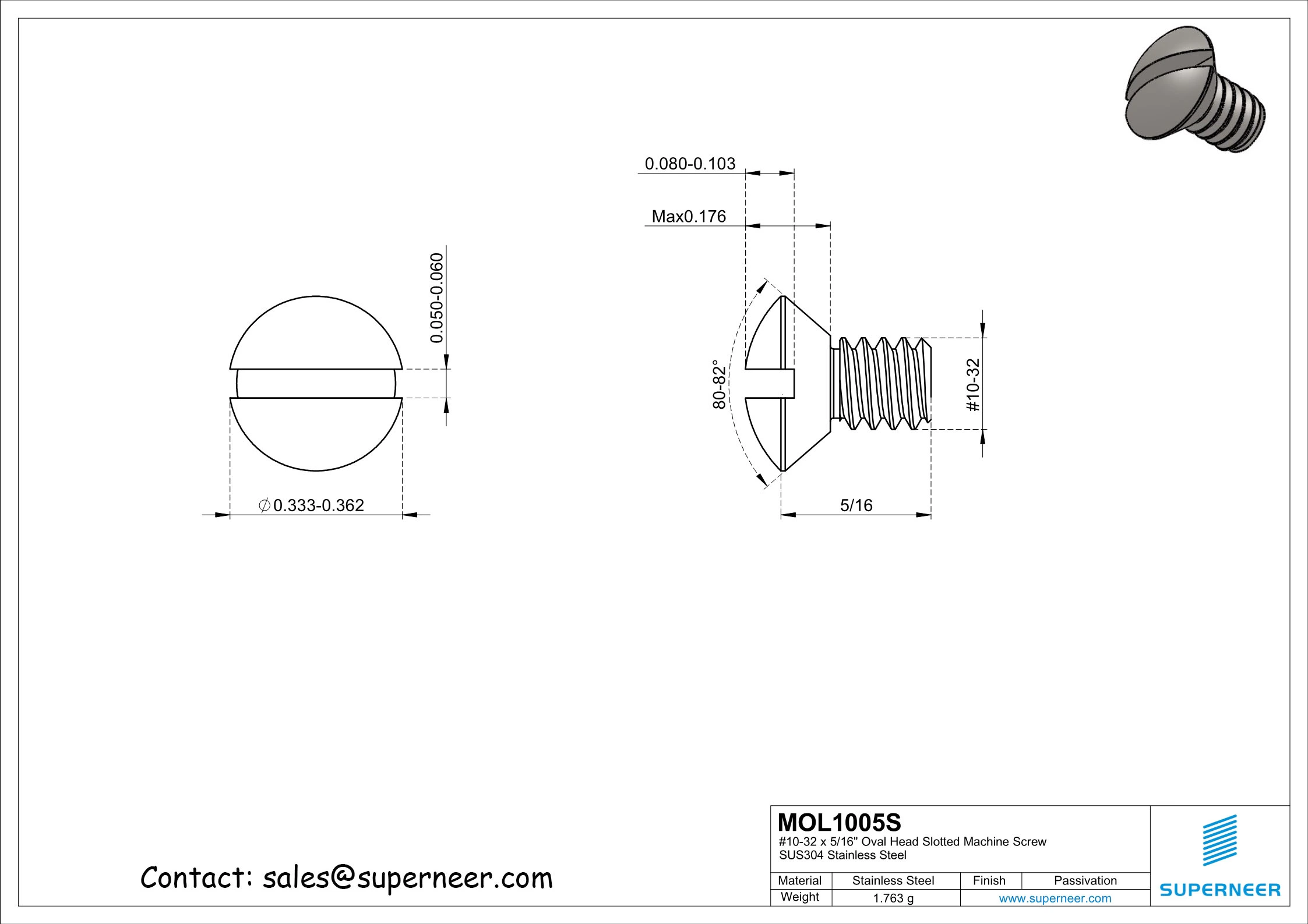 10-32 x 5/16" Oval Head Slotted Machine Screw SUS304 Stainless Steel Inox