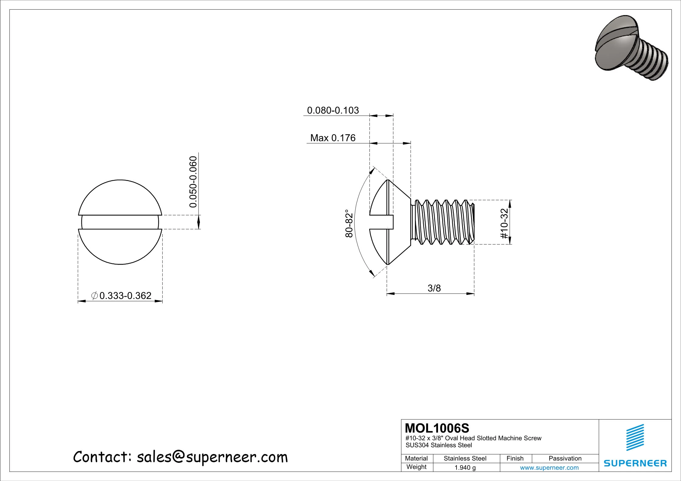 10-32 x 3/8" Oval Head Slotted Machine Screw SUS304 Stainless Steel Inox