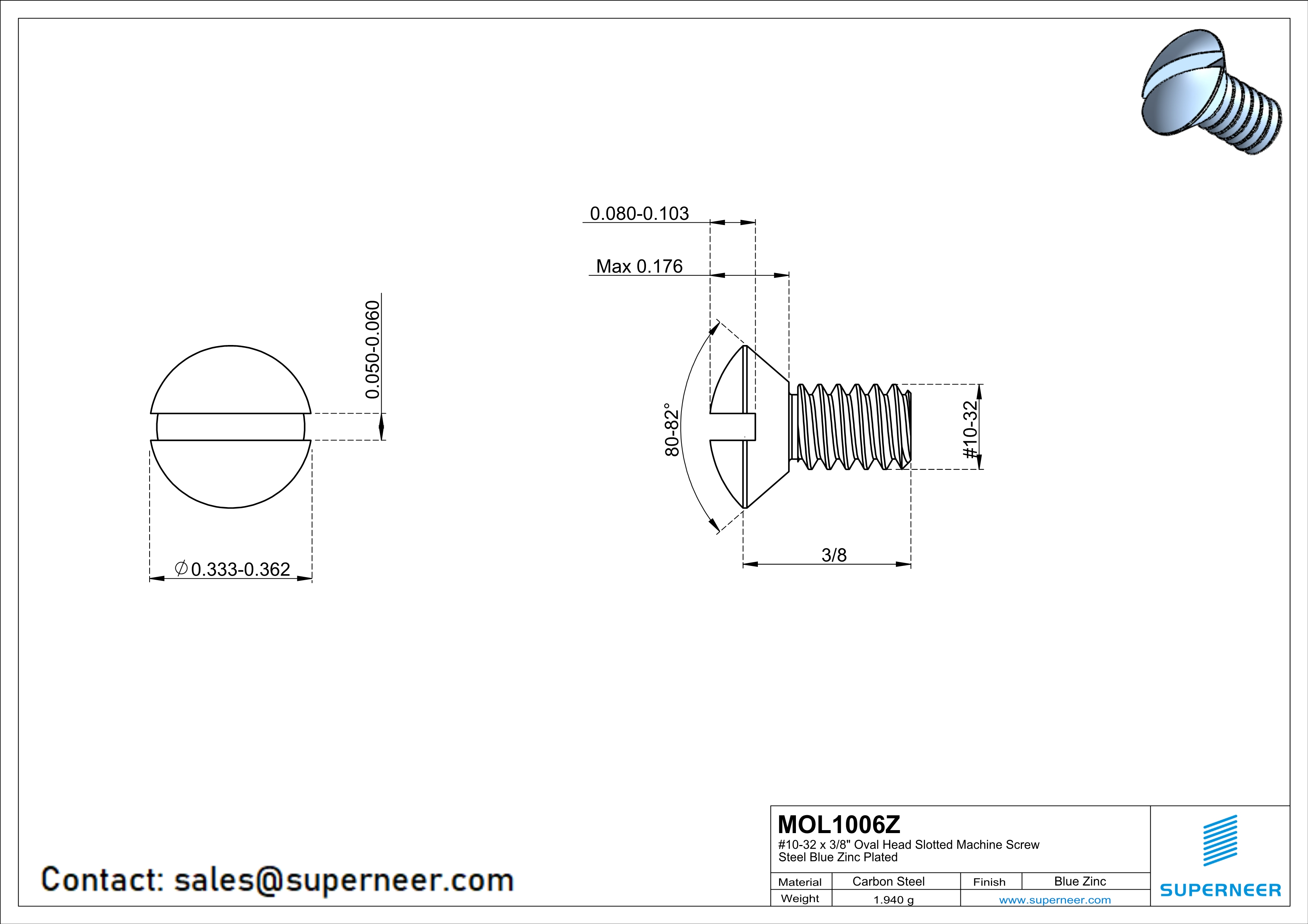 10-32 x 3/8" Oval Head Slotted Machine Screw Steel Blue Zinc Plated