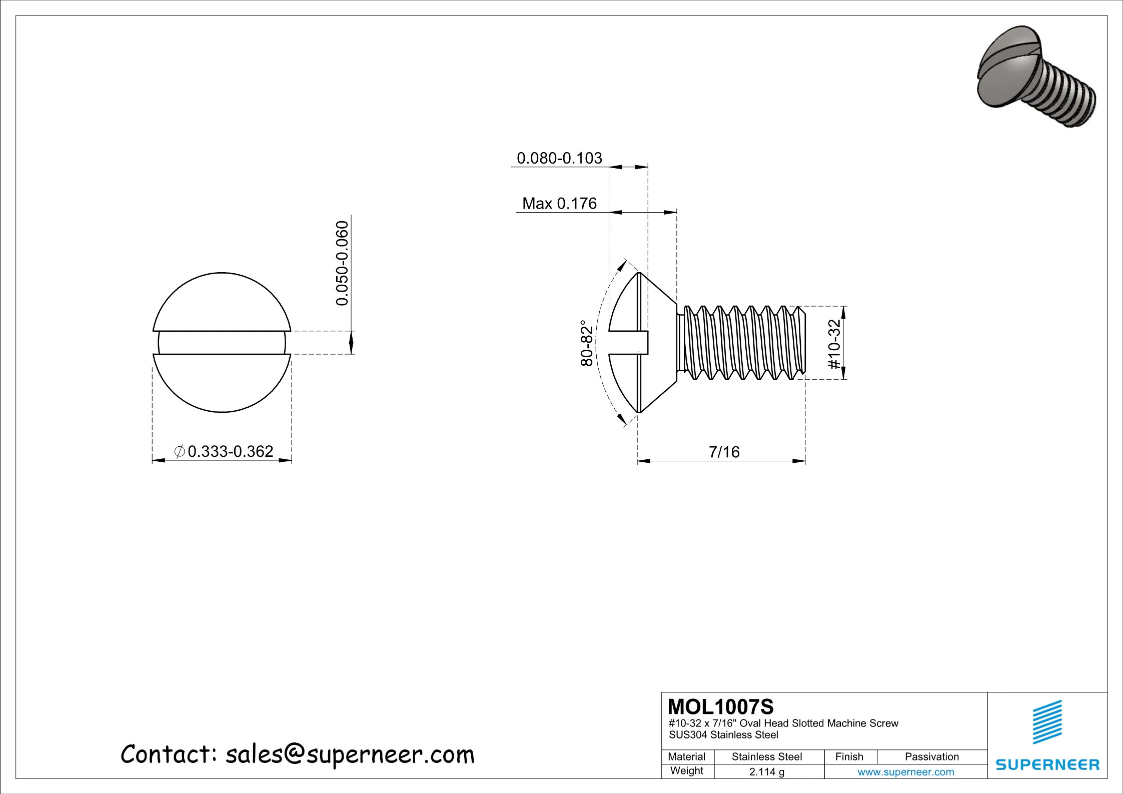 10-32 x 7/16" Oval Head Slotted Machine Screw SUS304 Stainless Steel Inox