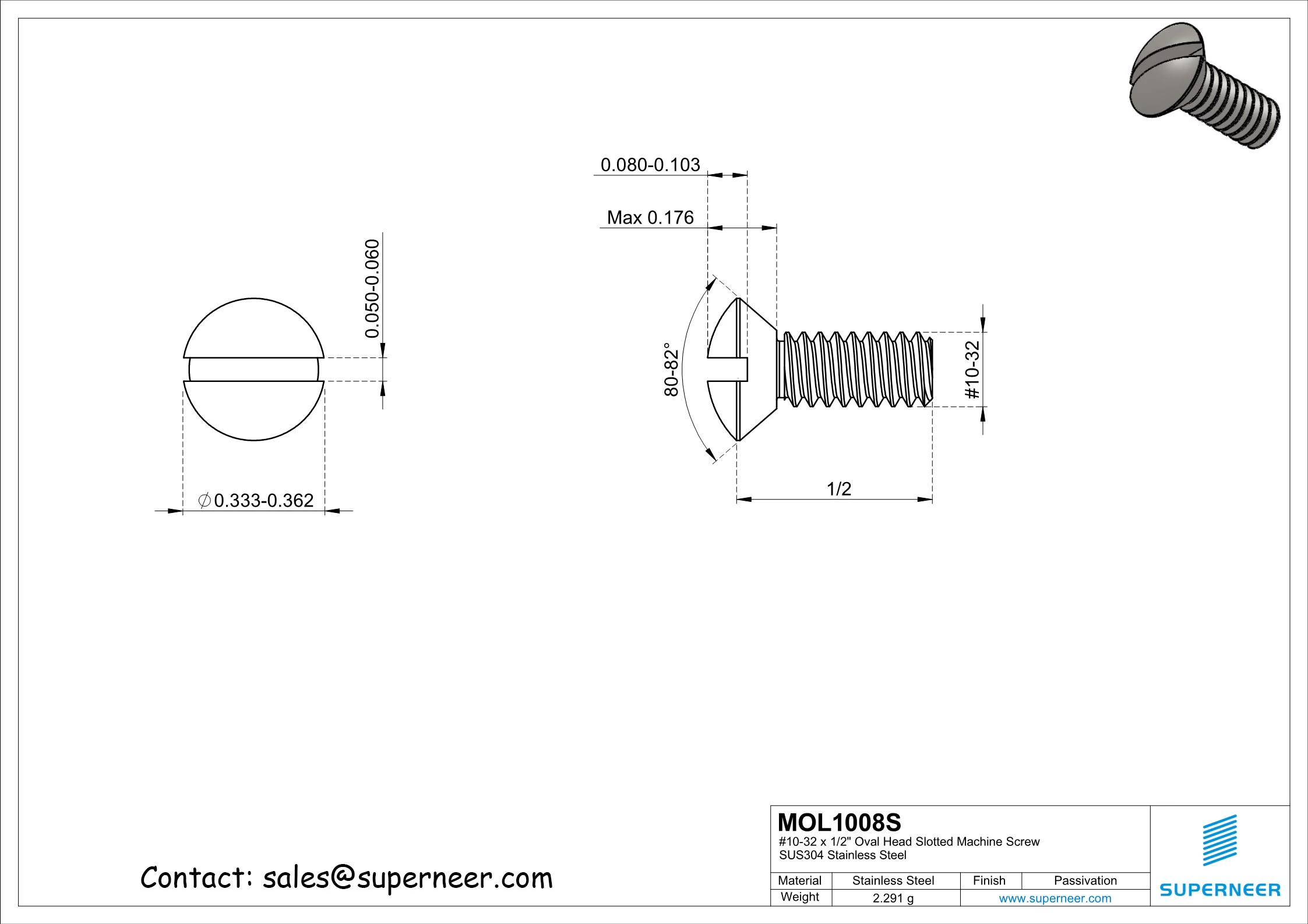 10-32 x 1/2" Oval Head Slotted Machine Screw SUS304 Stainless Steel Inox