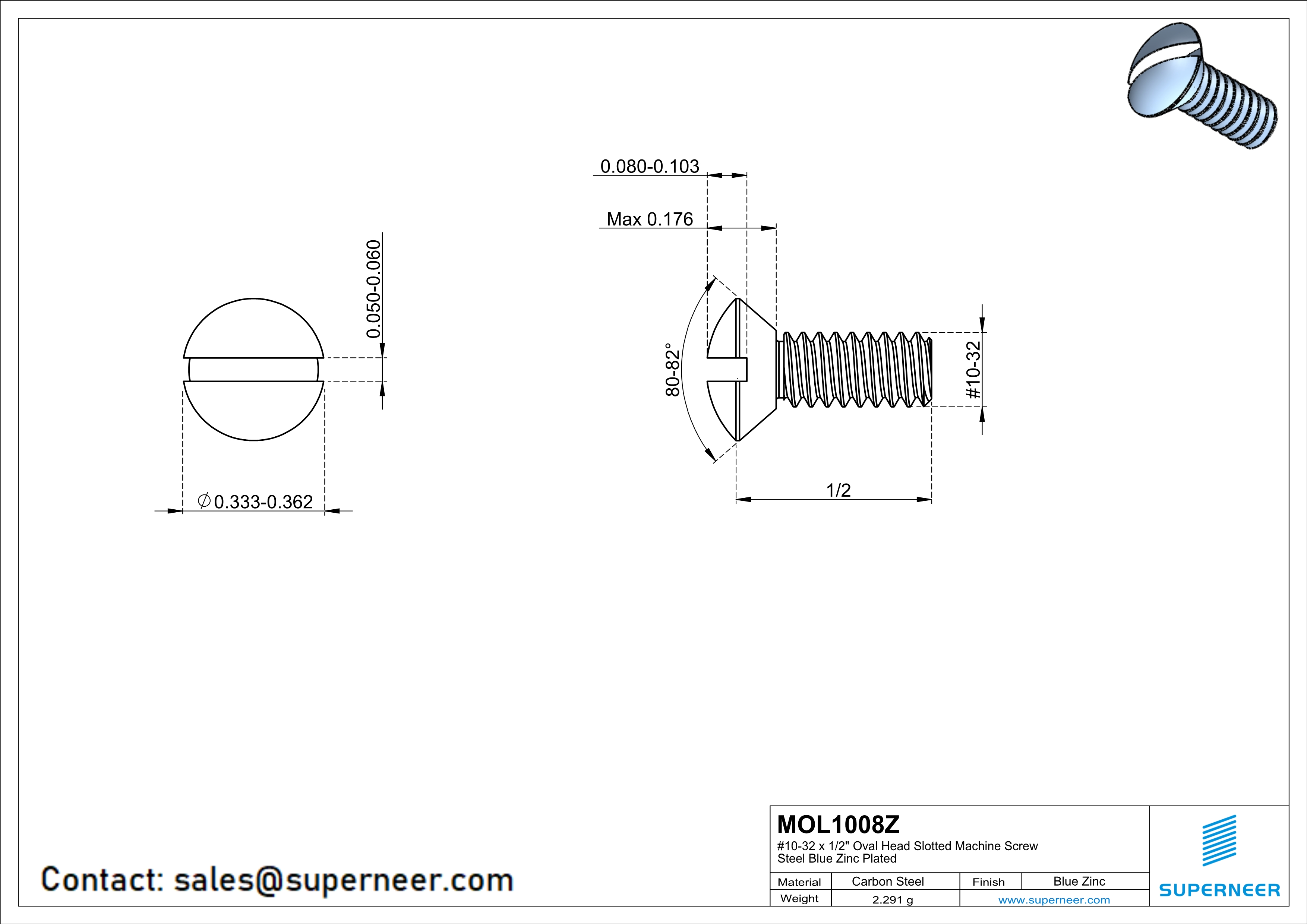 10-32 x 1/2" Oval Head Slotted Machine Screw Steel Blue Zinc Plated