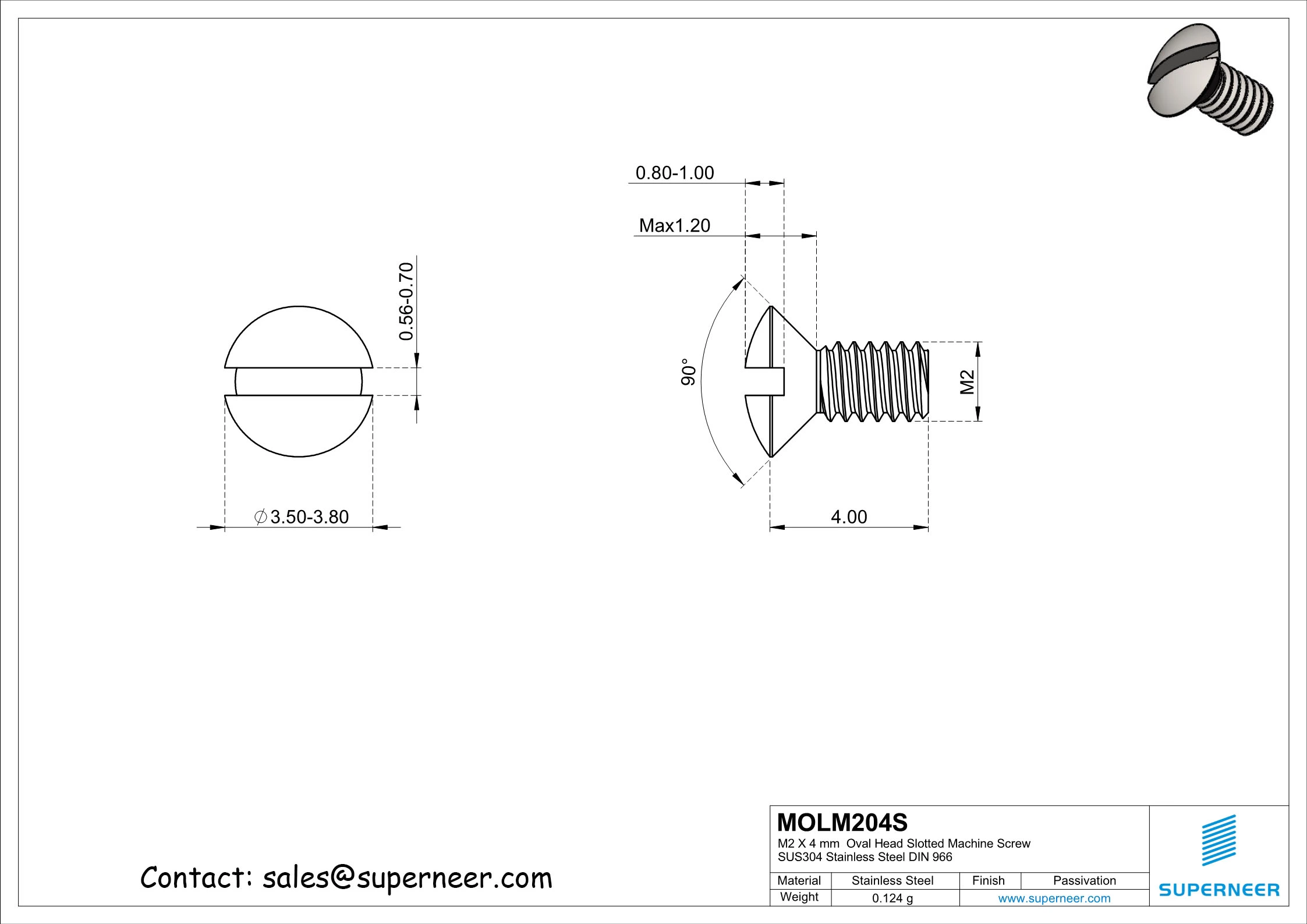 M2 x 4 mm Oval Head Slotted Machine Screw SUS304 Stainless Steel Inox DIN 964