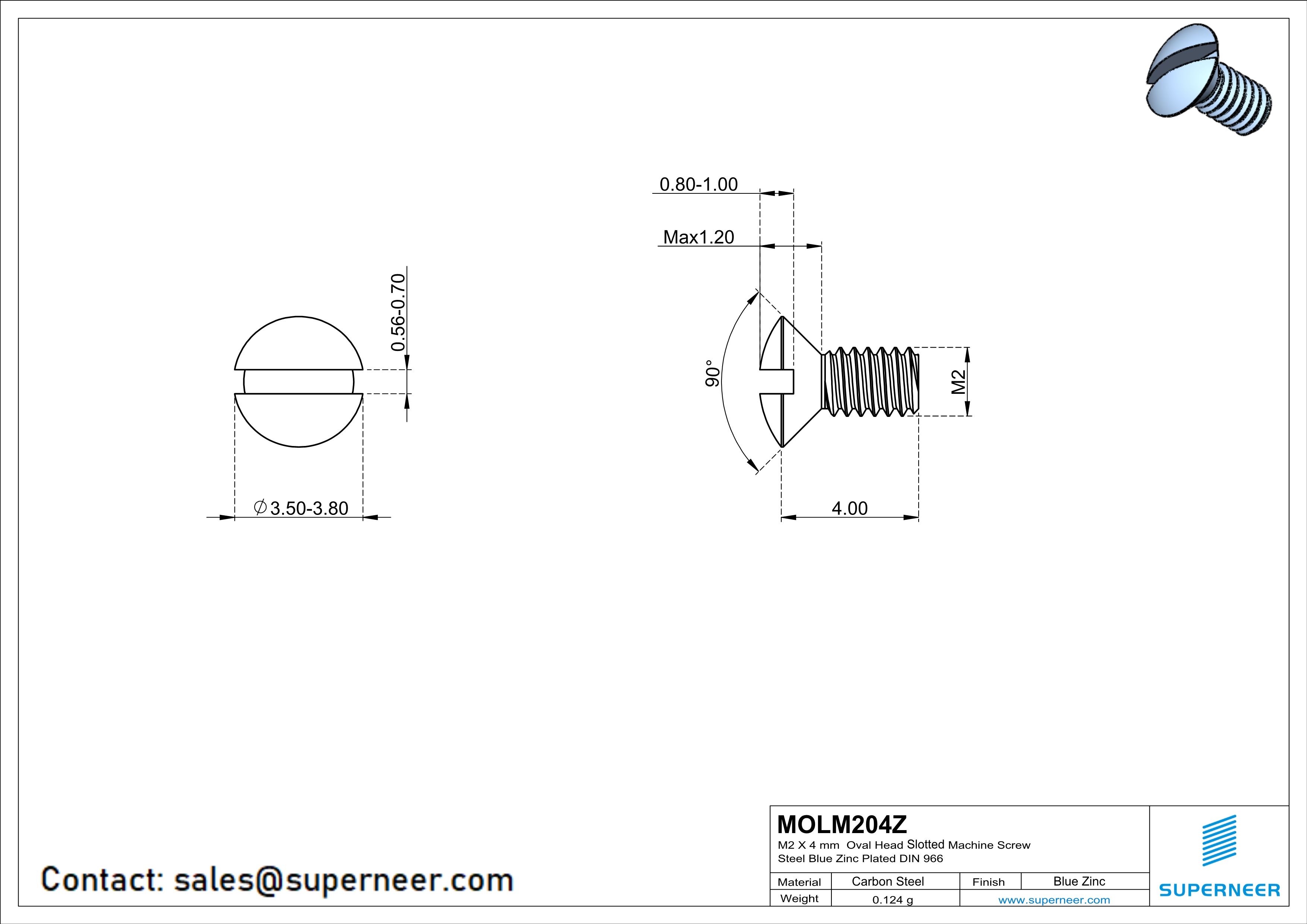 M2 x 4 mm Oval Head Slotted Machine Screw Steel Blue Zinc Plated DIN 964