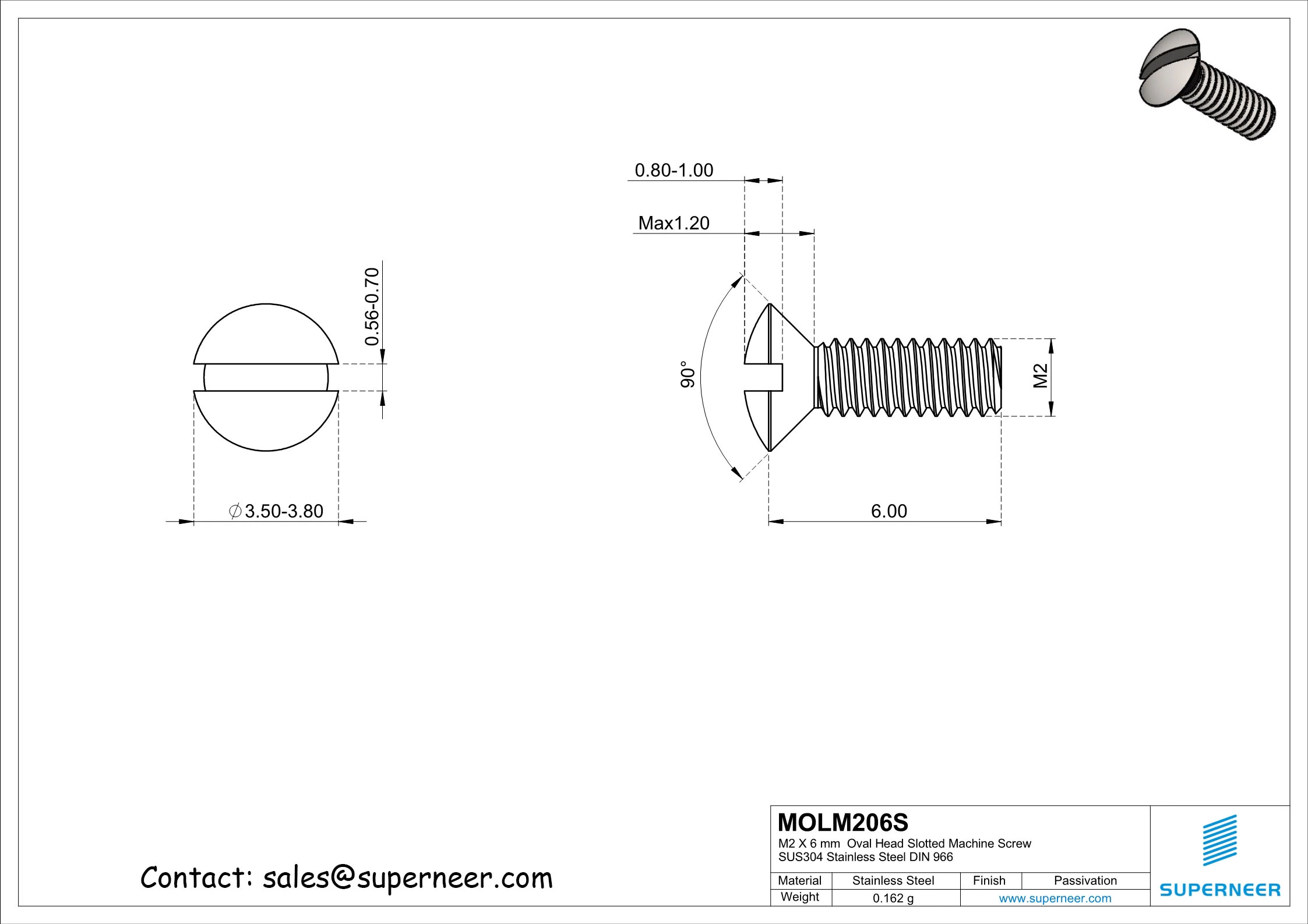 M2 x 6 mm Oval Head Slotted Machine Screw SUS304 Stainless Steel Inox DIN 964