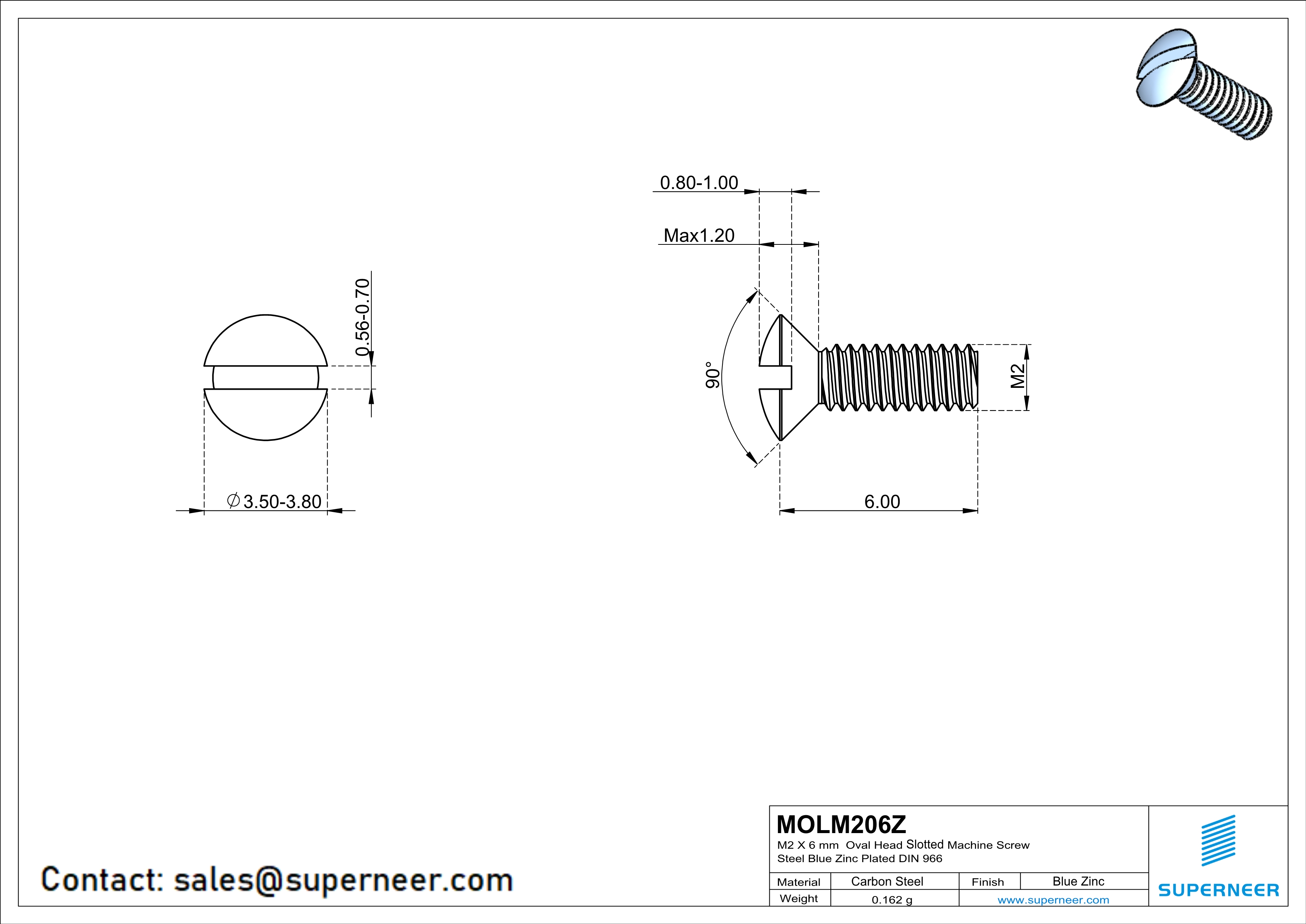 M2 x 6 mm Oval Head Slotted Machine Screw Steel Blue Zinc Plated DIN 964