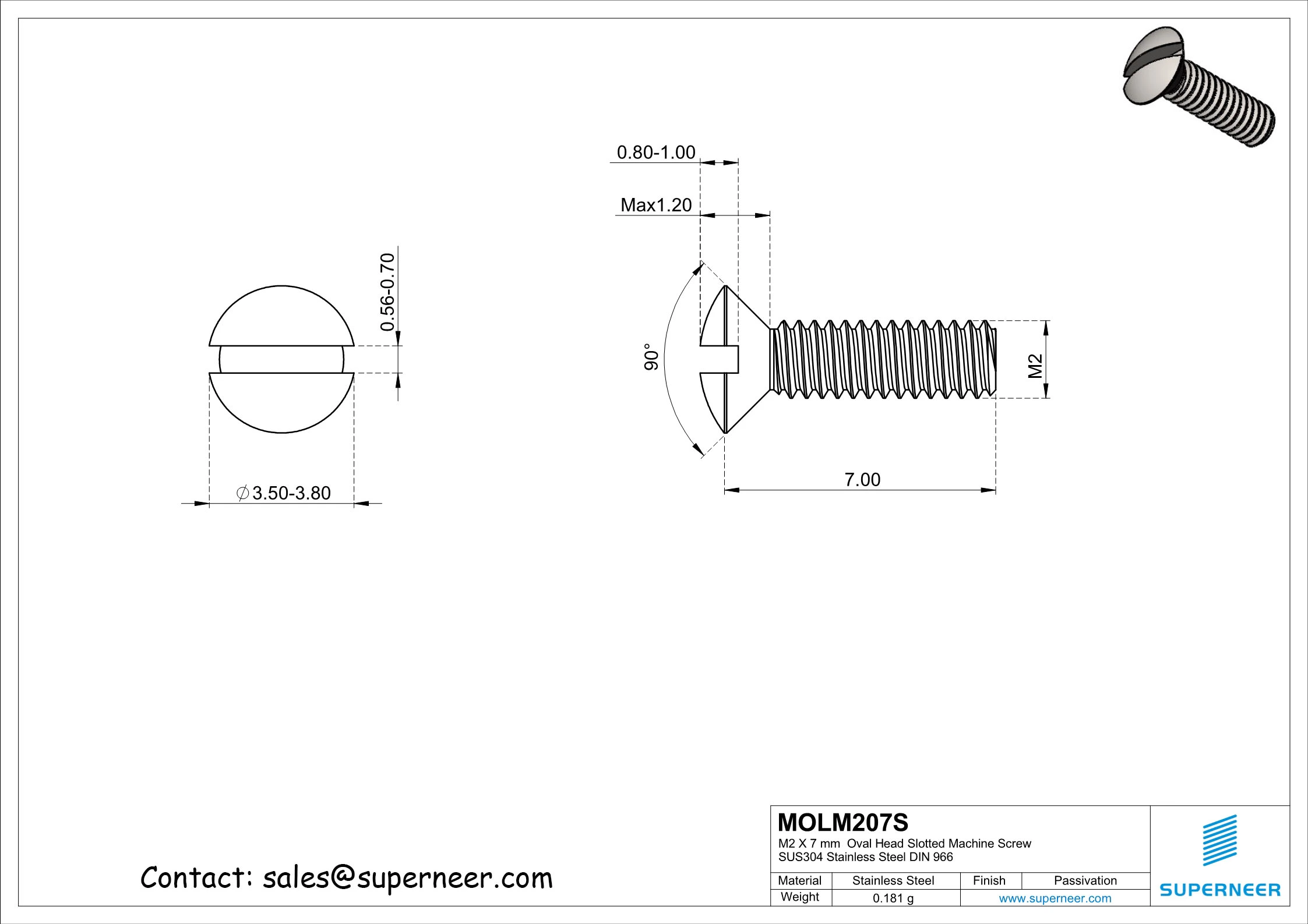 M2 x 7 mm Oval Head Slotted Machine Screw SUS304 Stainless Steel Inox DIN 964