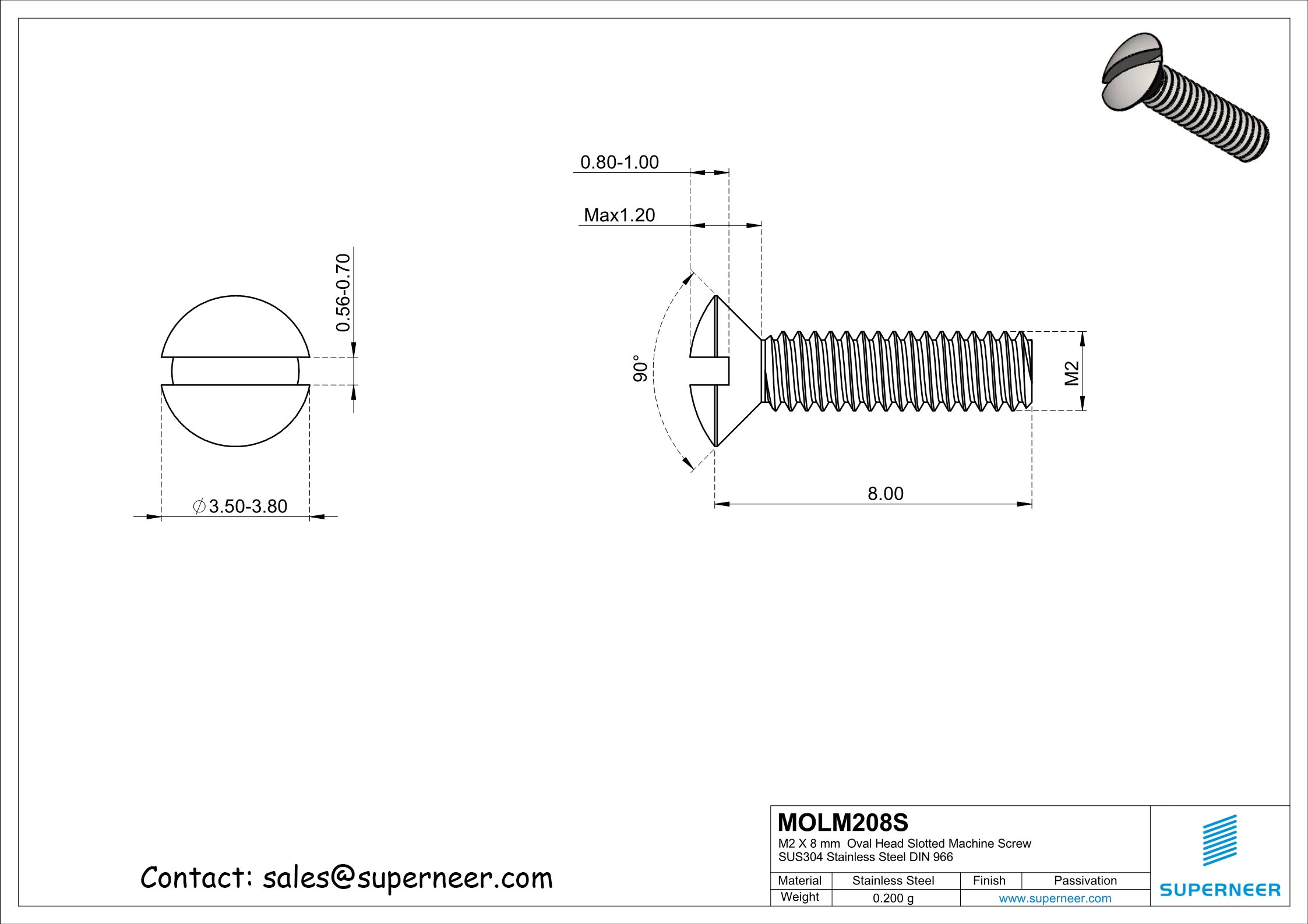 M2 x 8 mm Oval Head Slotted Machine Screw SUS304 Stainless Steel Inox DIN 964