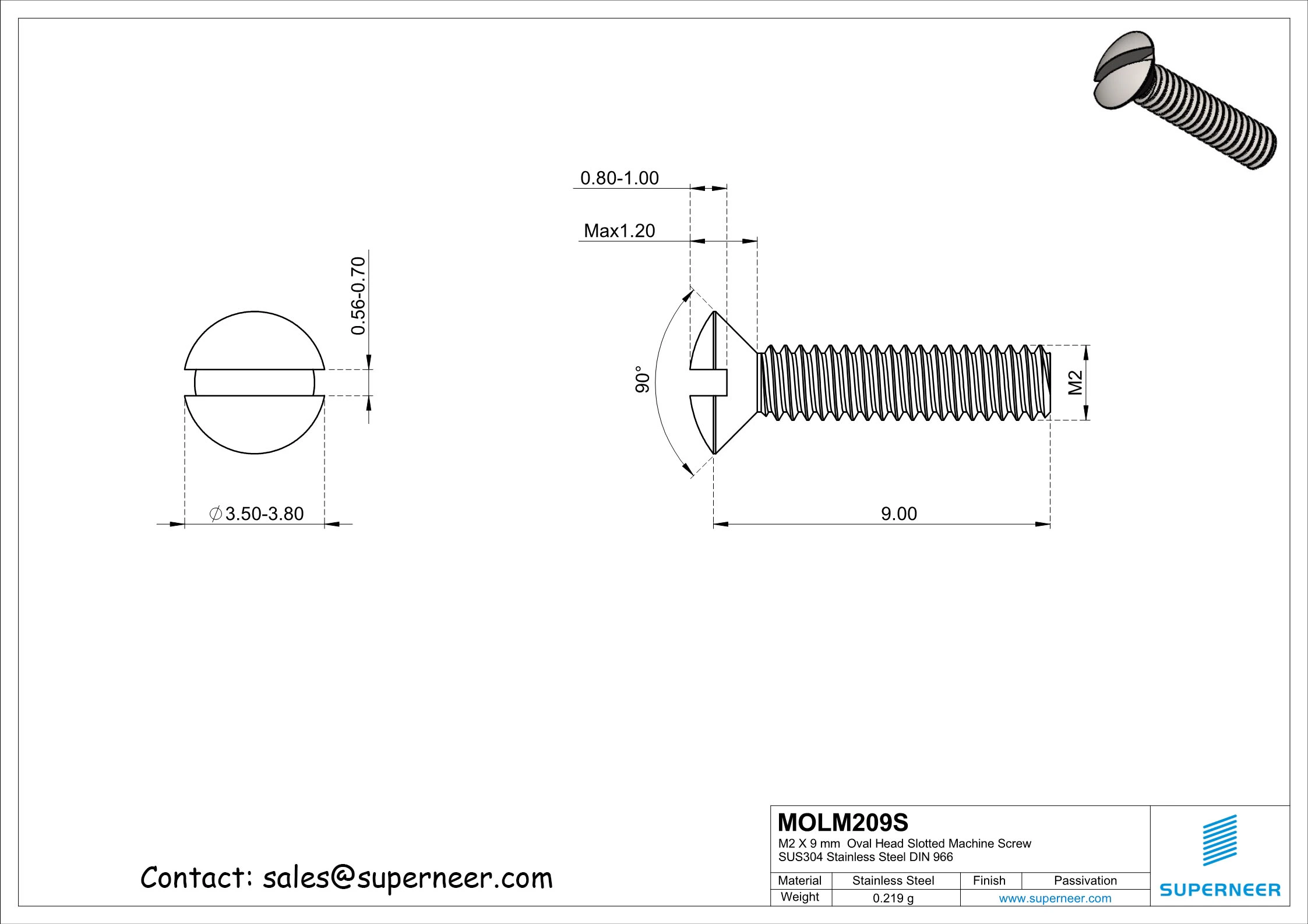 M2 x 9 mm Oval Head Slotted Machine Screw SUS304 Stainless Steel Inox DIN 964