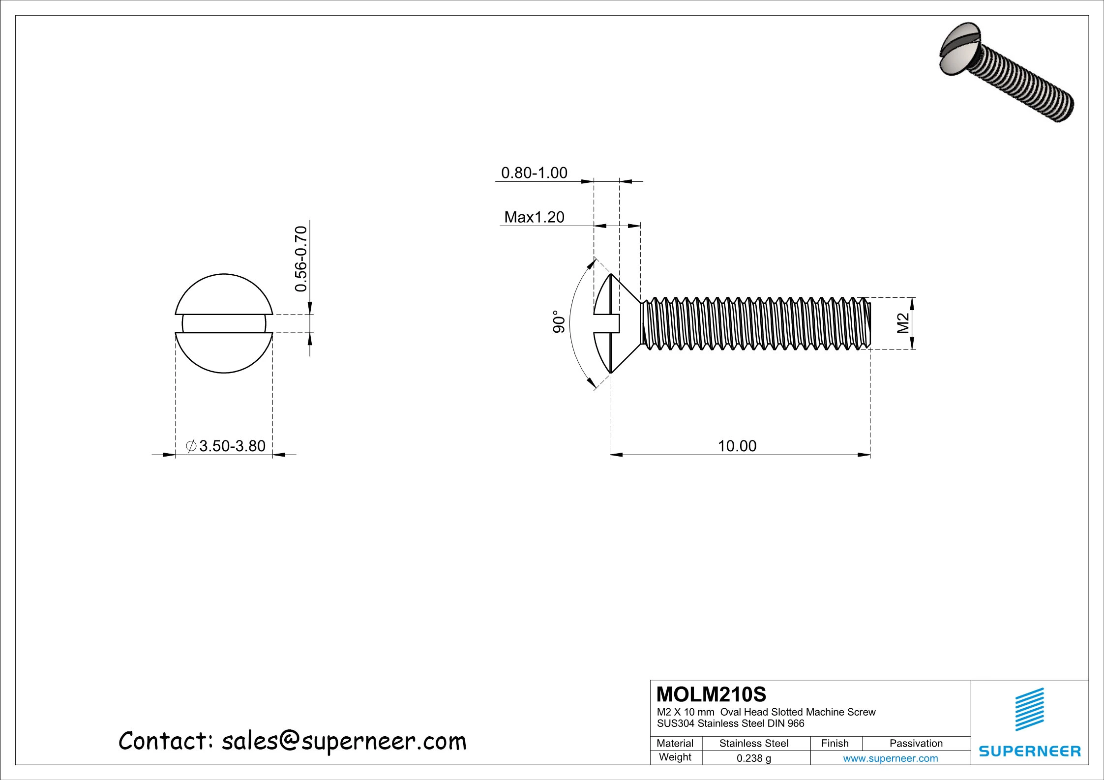 M2 x 10 mm Oval Head Slotted Machine Screw SUS304 Stainless Steel Inox DIN 964