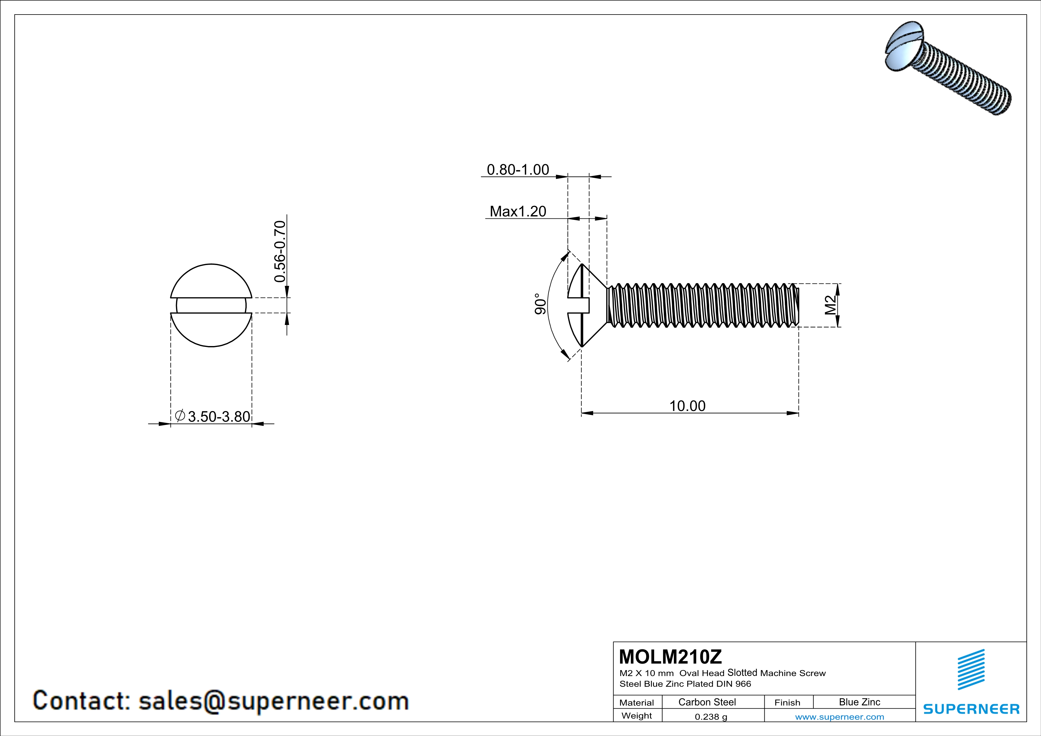 M2 x 10 mm Oval Head Slotted Machine Screw Steel Blue Zinc Plated DIN 964