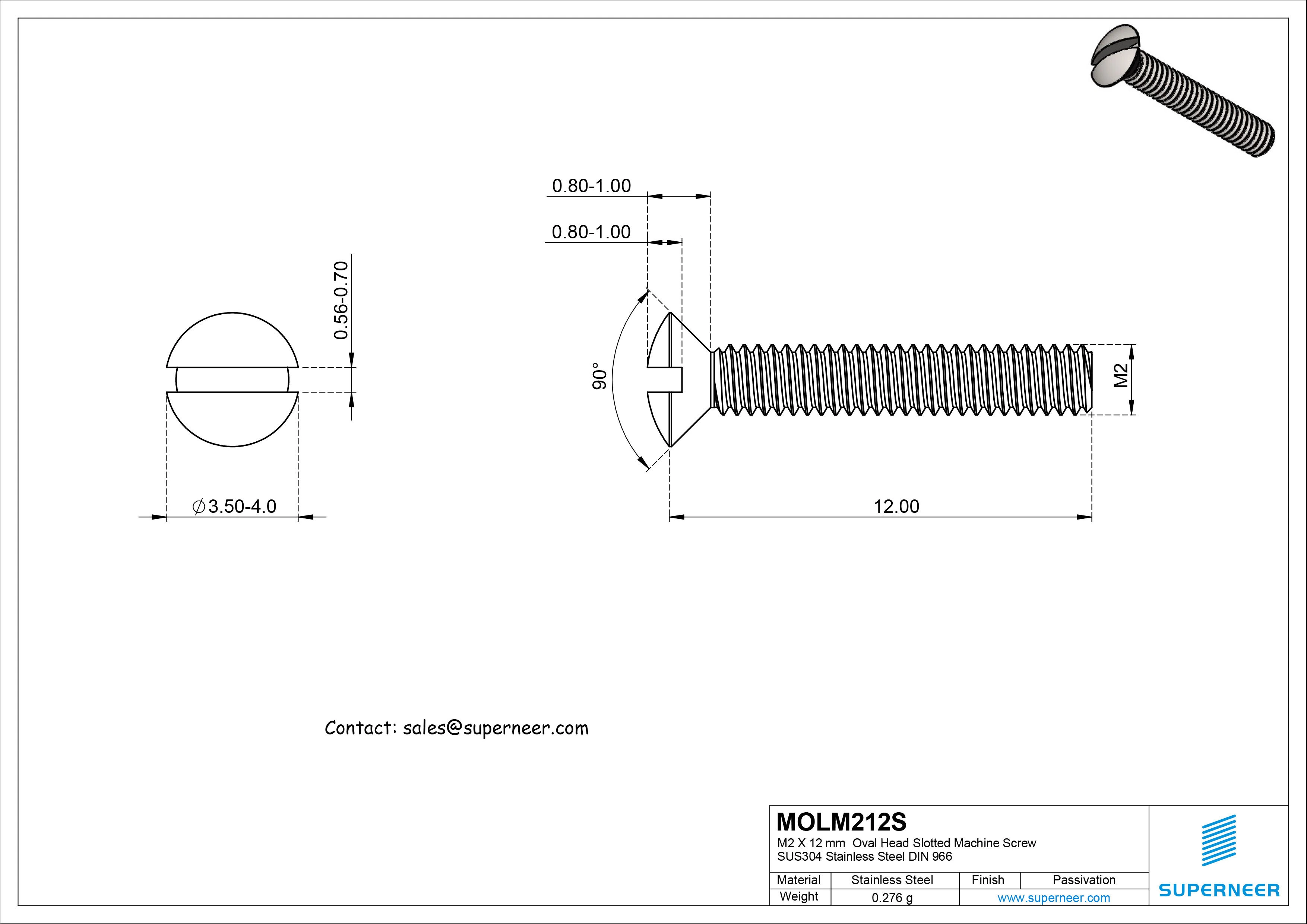 M2 x 12 mm Oval Head Slotted Machine Screw SUS304 Stainless Steel Inox DIN 964