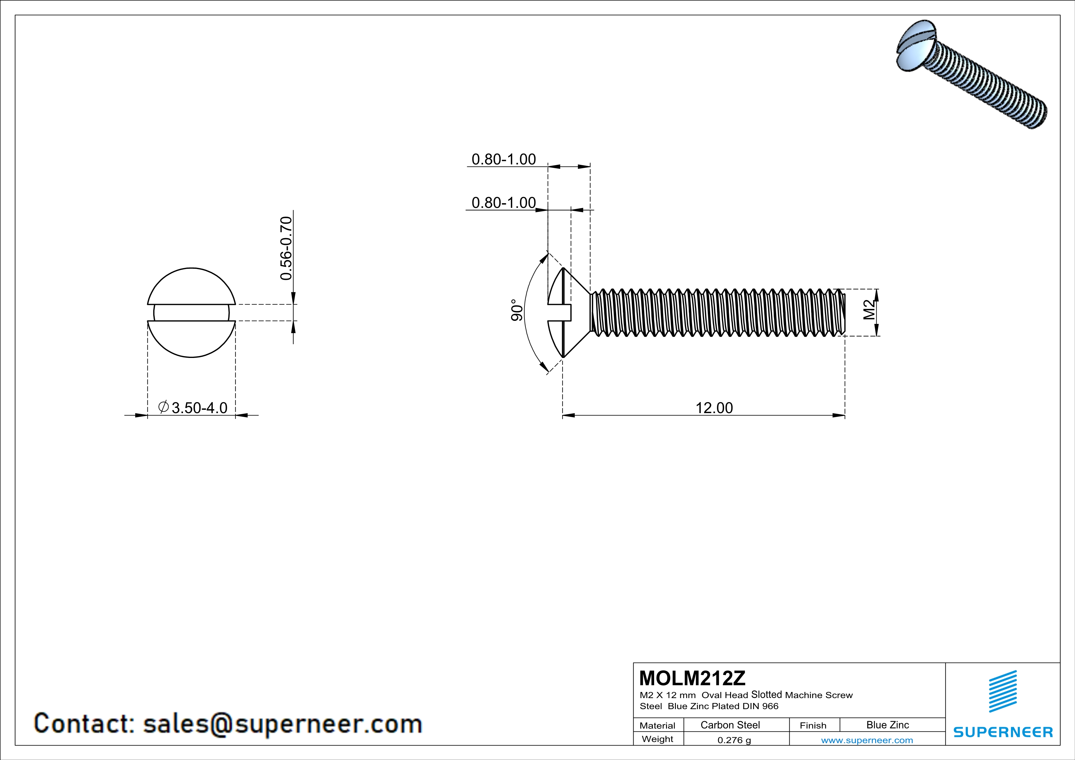 M2 x 12 mm Oval Head Slotted Machine Screw Steel Blue Zinc Plated DIN 964