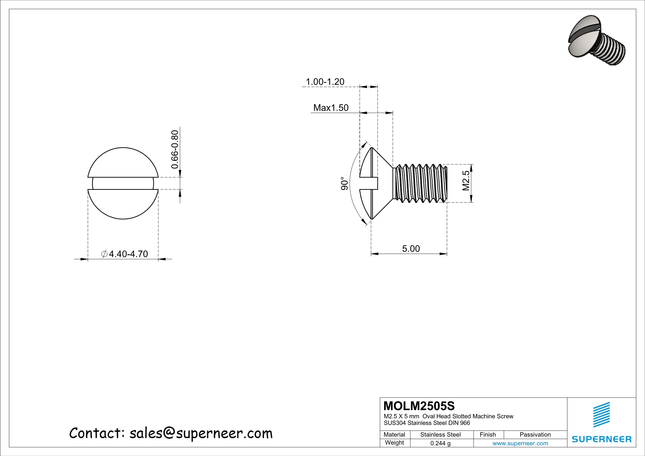 M2.5 x 5 mm Oval Head Slotted Machine Screw SUS304 Stainless Steel Inox DIN 964