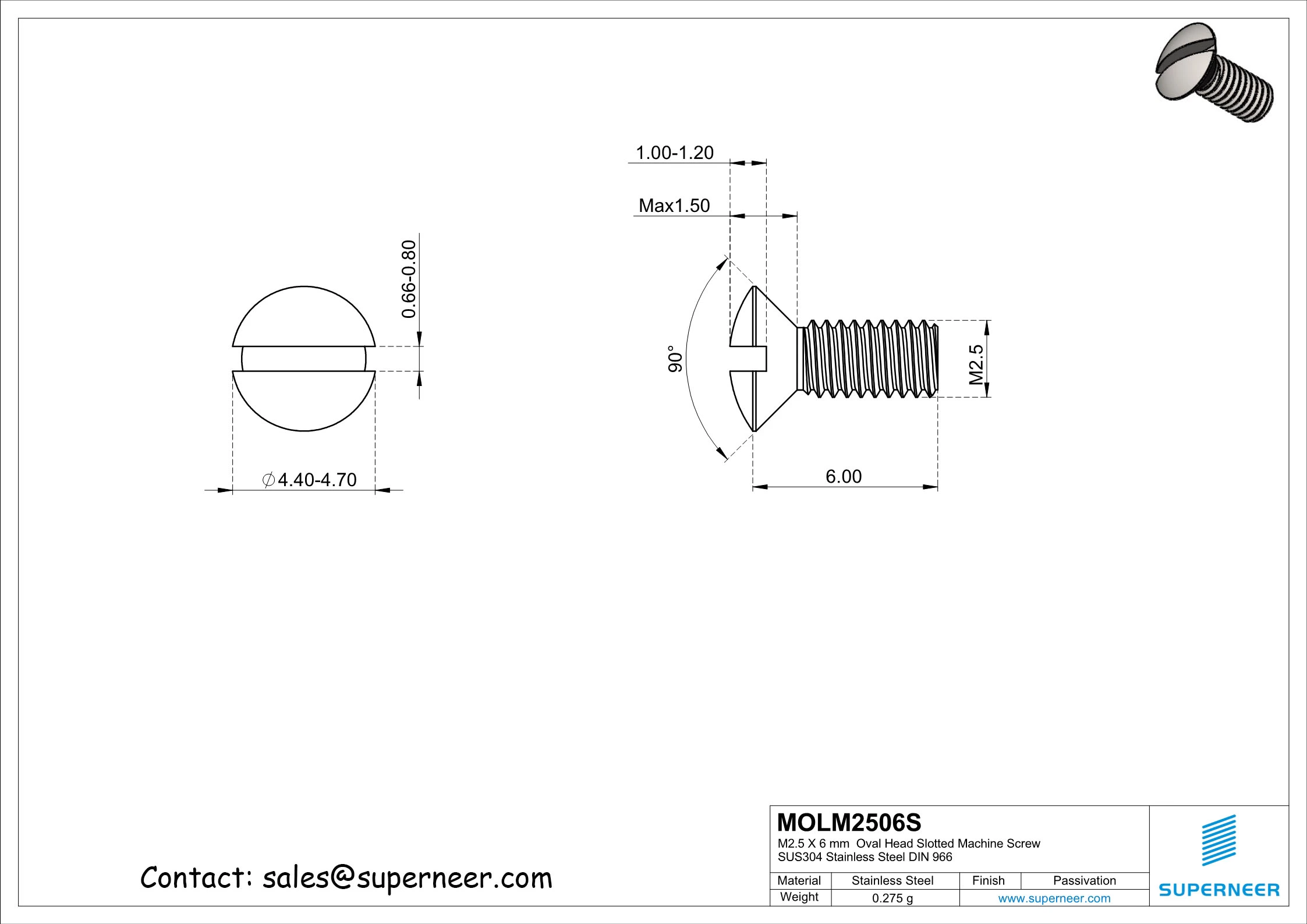 M2.5 x 6 mm Oval Head Slotted Machine Screw SUS304 Stainless Steel Inox DIN 964