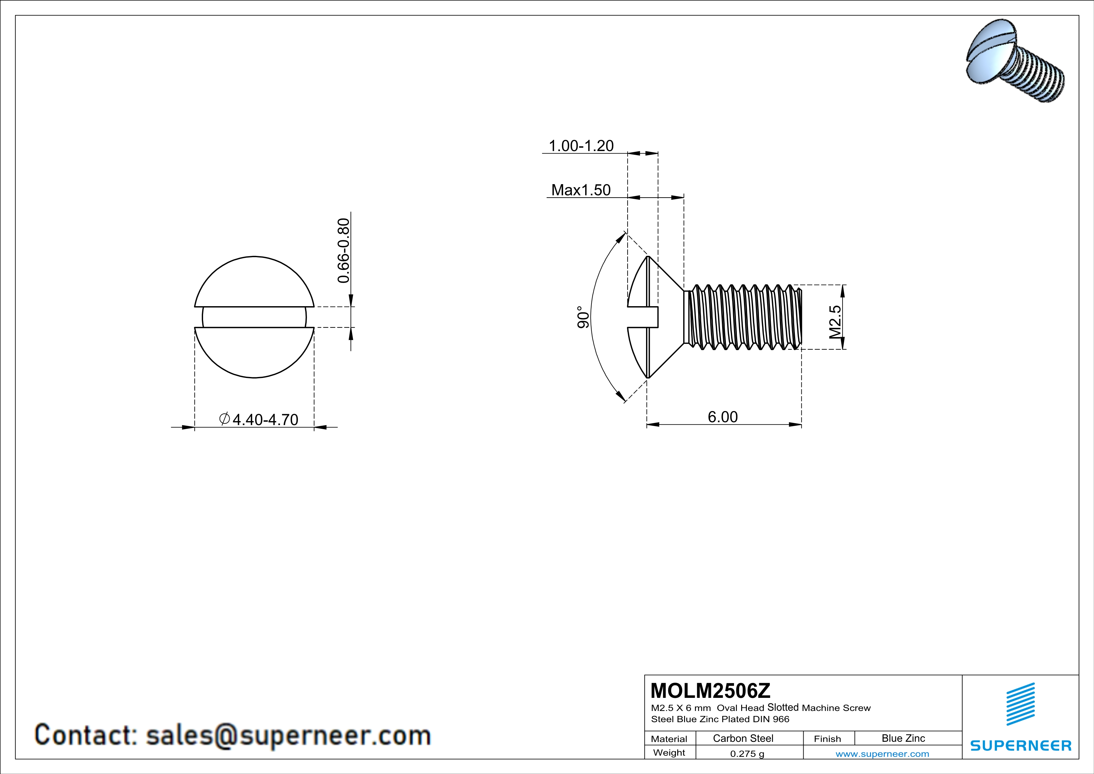 M2.5 x 6 mm Oval Head Slotted Machine Screw Steel Blue Zinc Plated DIN 964