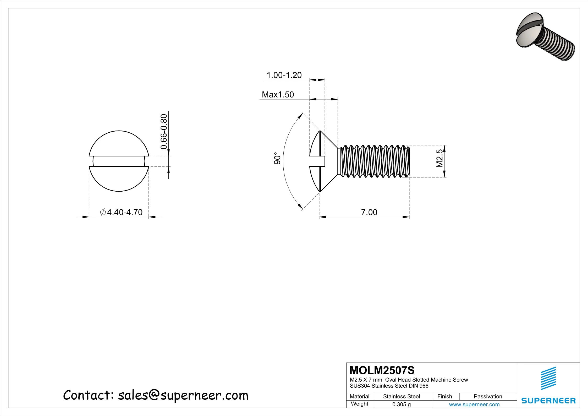 M2.5 x 7 mm Oval Head Slotted Machine Screw SUS304 Stainless Steel Inox DIN 964