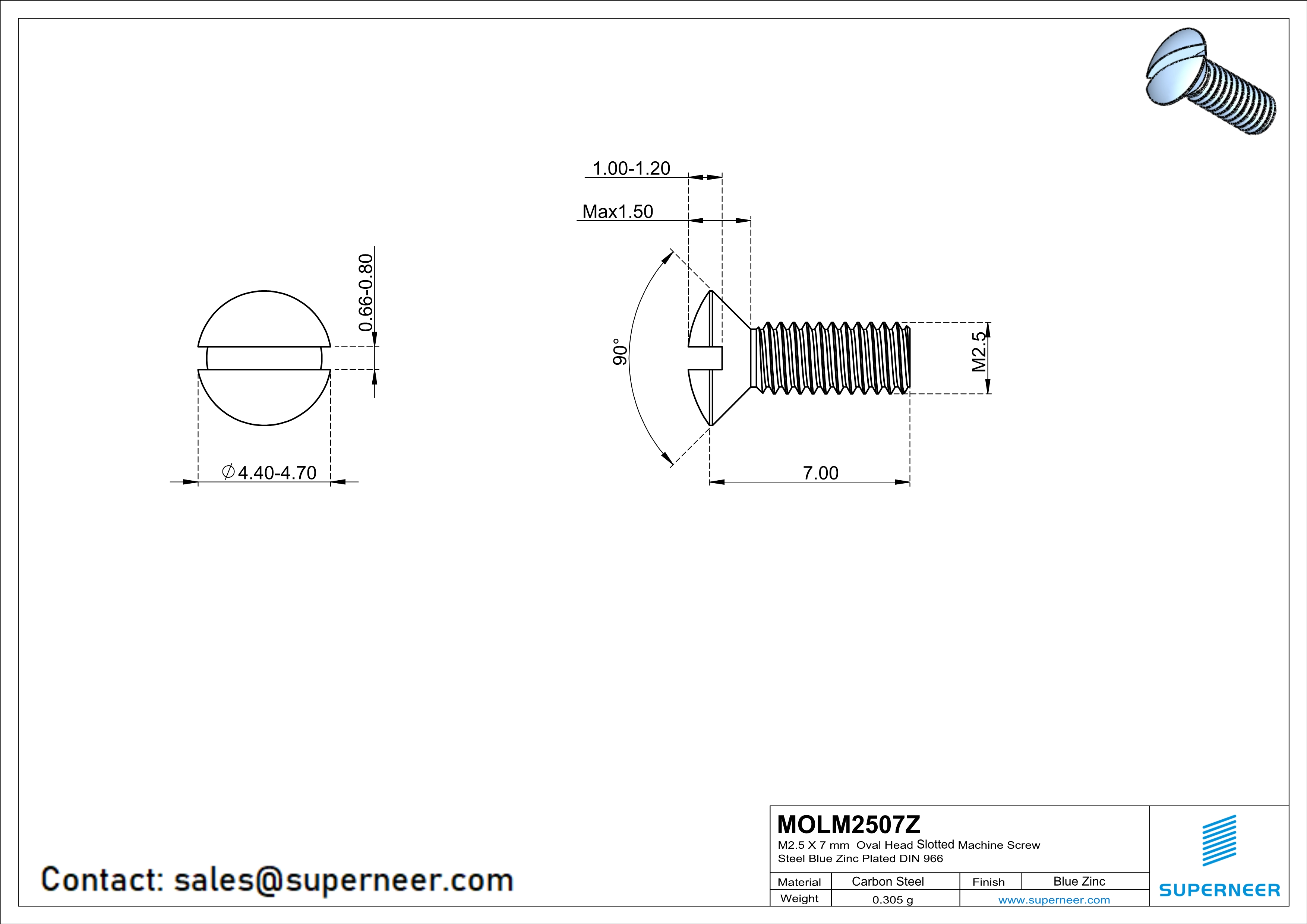 M2.5 x 7 mm Oval Head Slotted Machine Screw Steel Blue Zinc Plated DIN 964