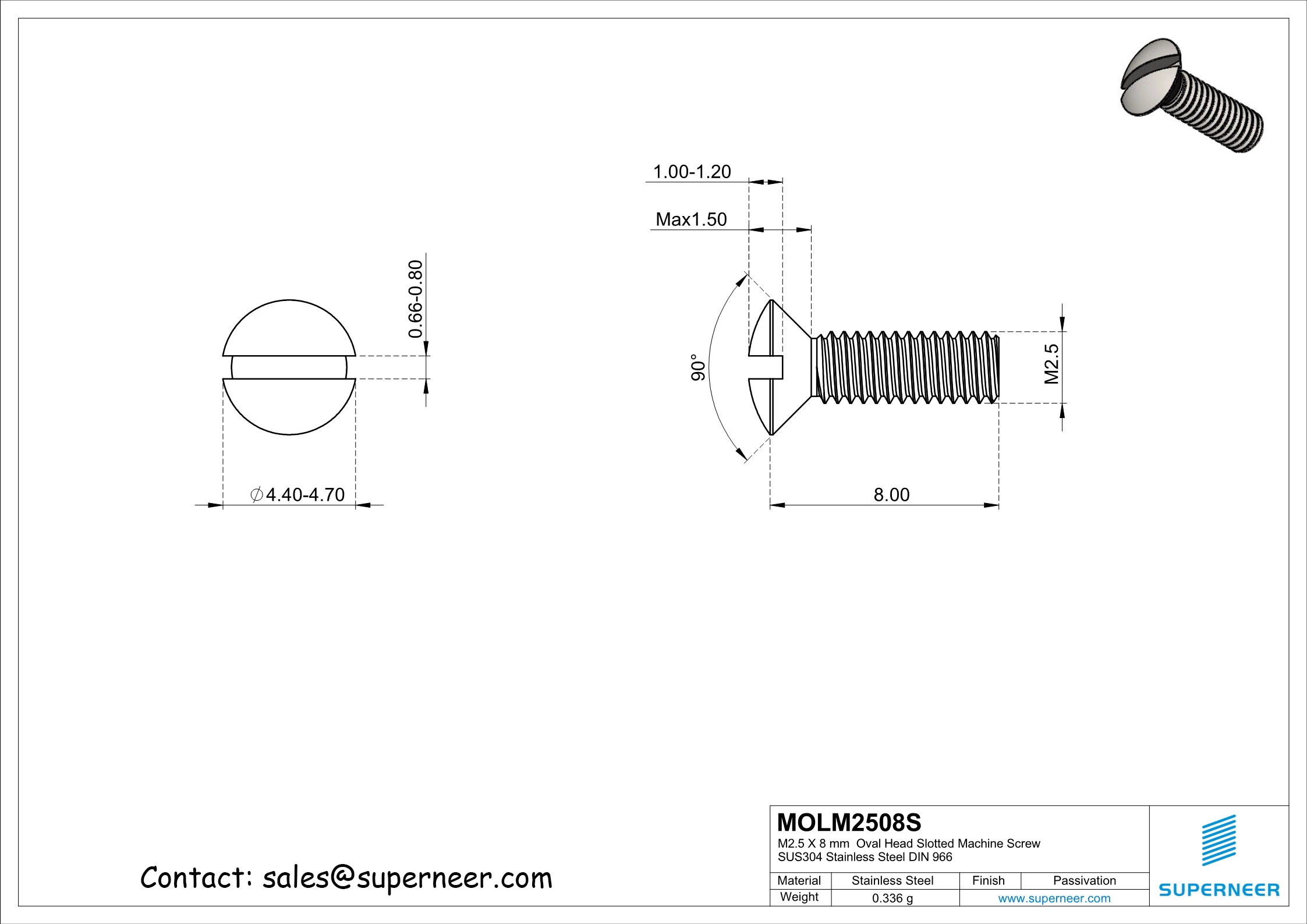 M2.5 x 8 mm Oval Head Slotted Machine Screw SUS304 Stainless Steel Inox DIN 964