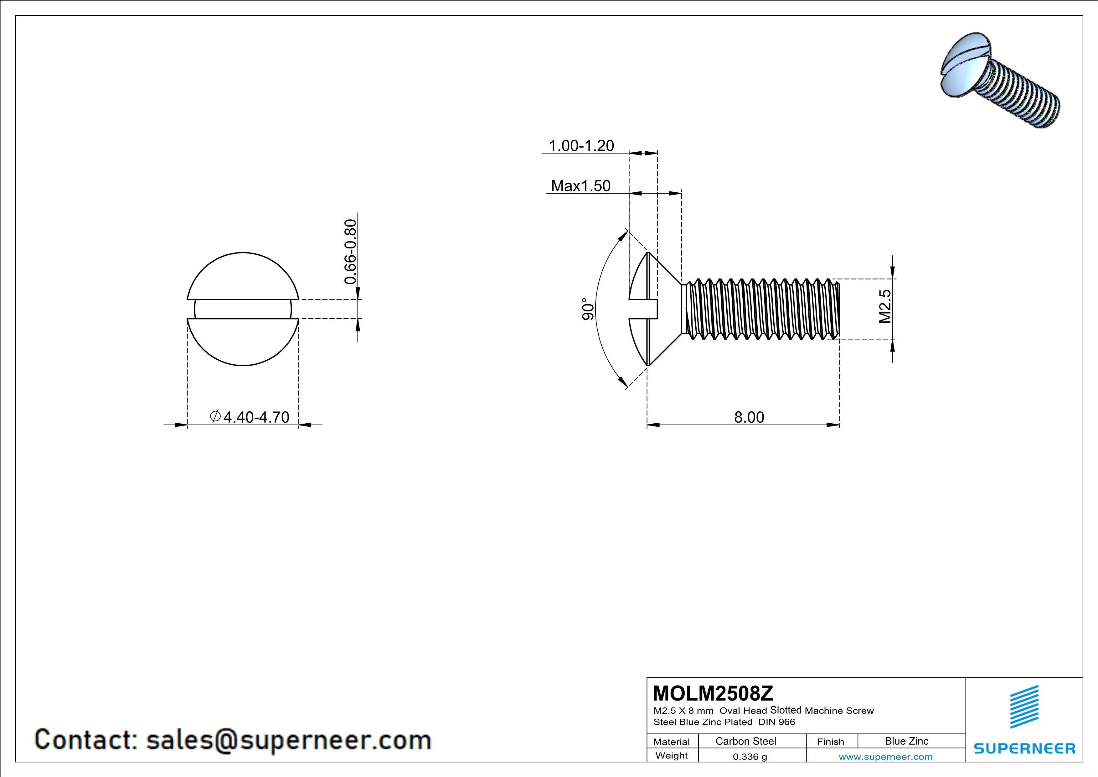 M2.5 x 8 mm Oval Head Slotted Machine Screw Steel Blue Zinc Plated DIN 964