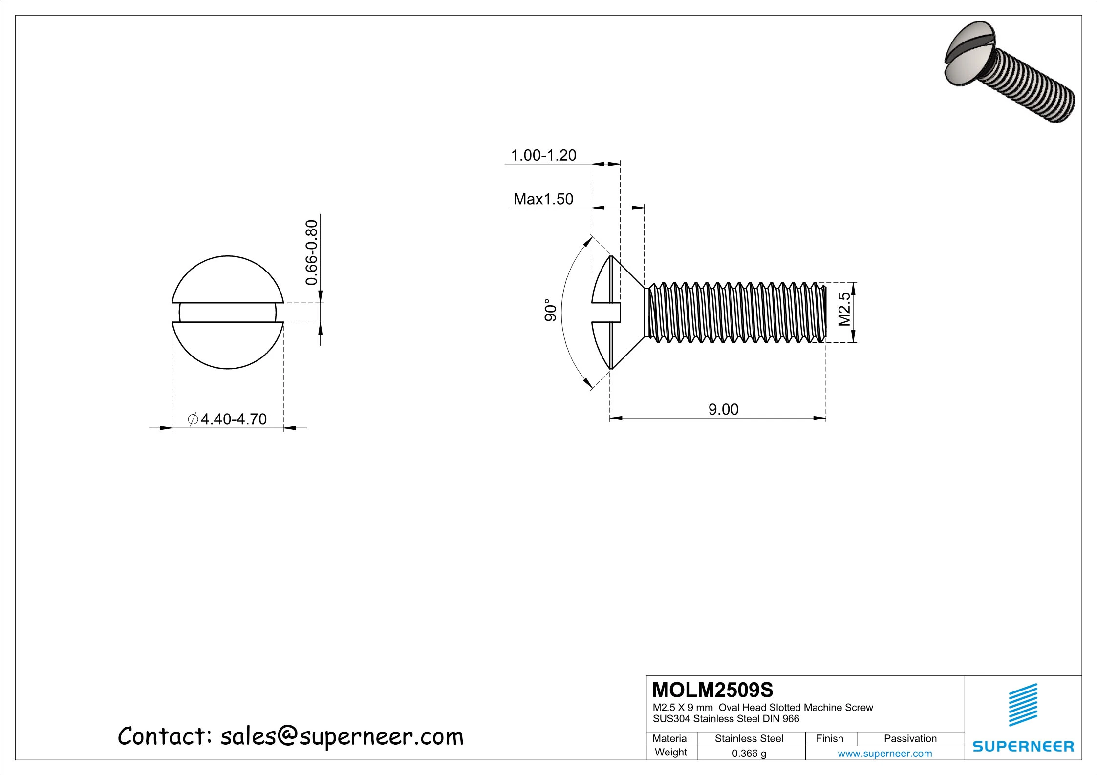 M2.5 x 9 mm Oval Head Slotted Machine Screw SUS304 Stainless Steel Inox DIN 964