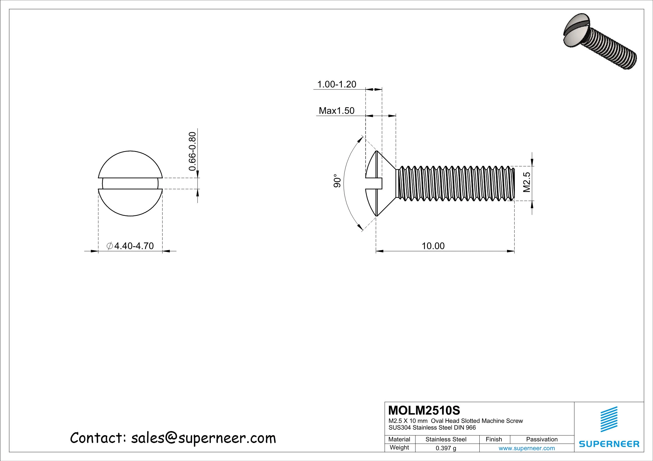 M2.5 x 10 mm Oval Head Slotted Machine Screw SUS304 Stainless Steel Inox DIN 964