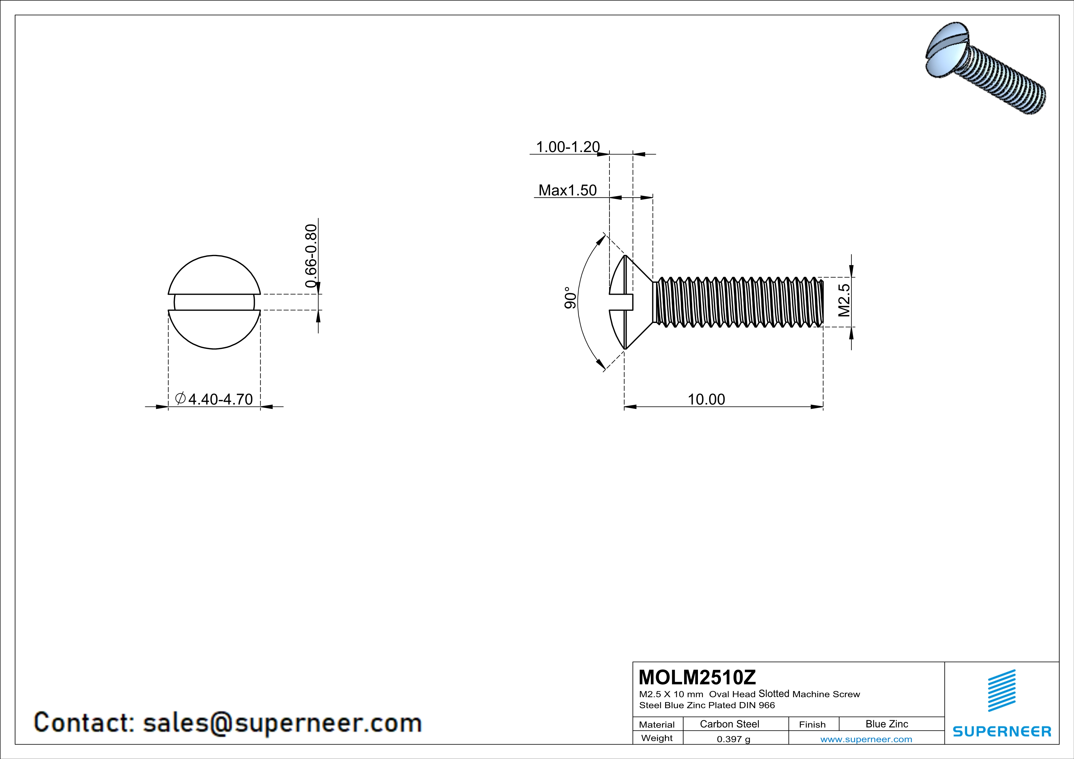 M2.5 x 10 mm Oval Head Slotted Machine Screw Steel Blue Zinc Plated DIN 964