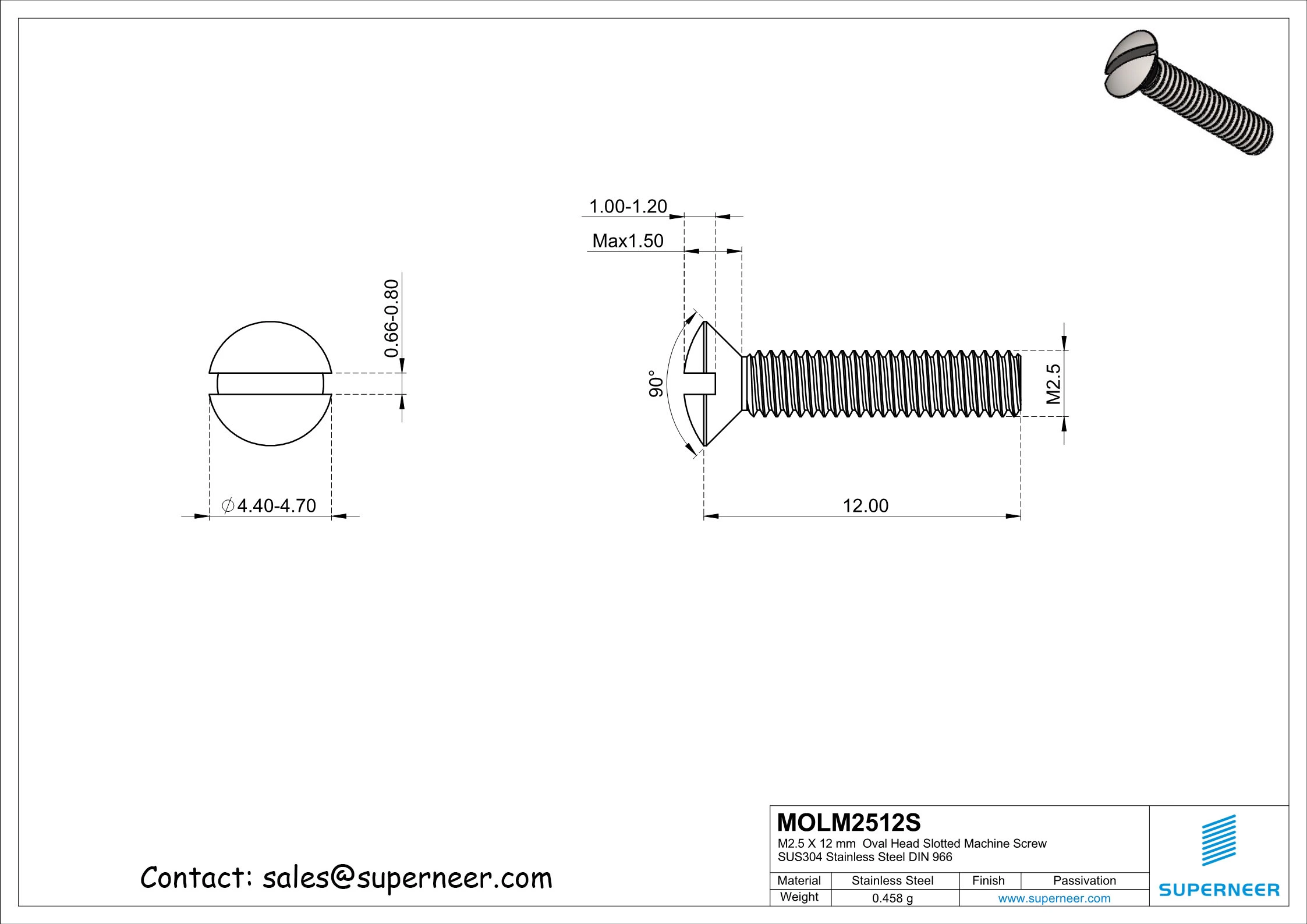 M2.5 x 12 mm Oval Head Slotted Machine Screw SUS304 Stainless Steel Inox DIN 964