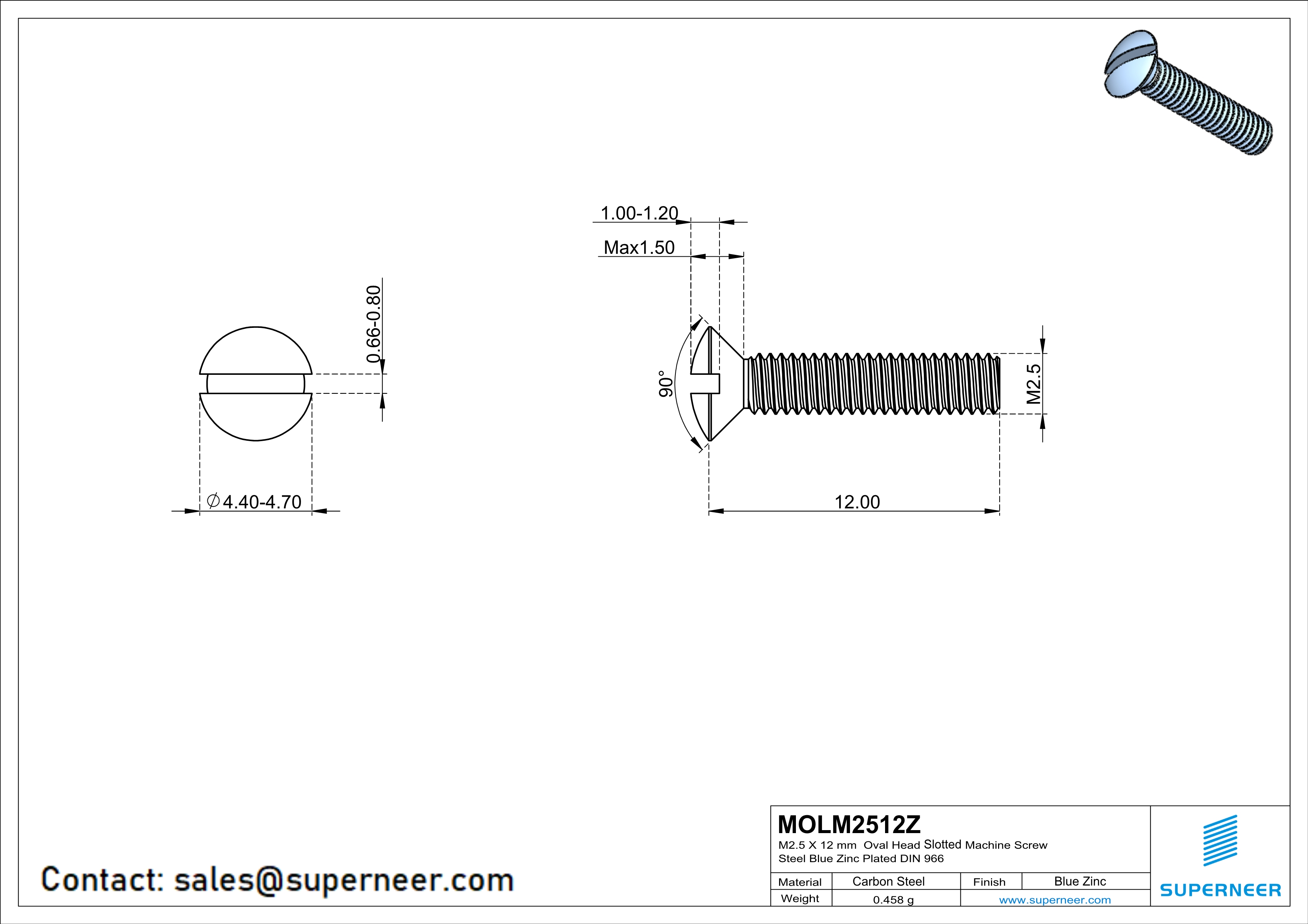 M2.5 x 12 mm Oval Head Slotted Machine Screw Steel Blue Zinc Plated DIN 964