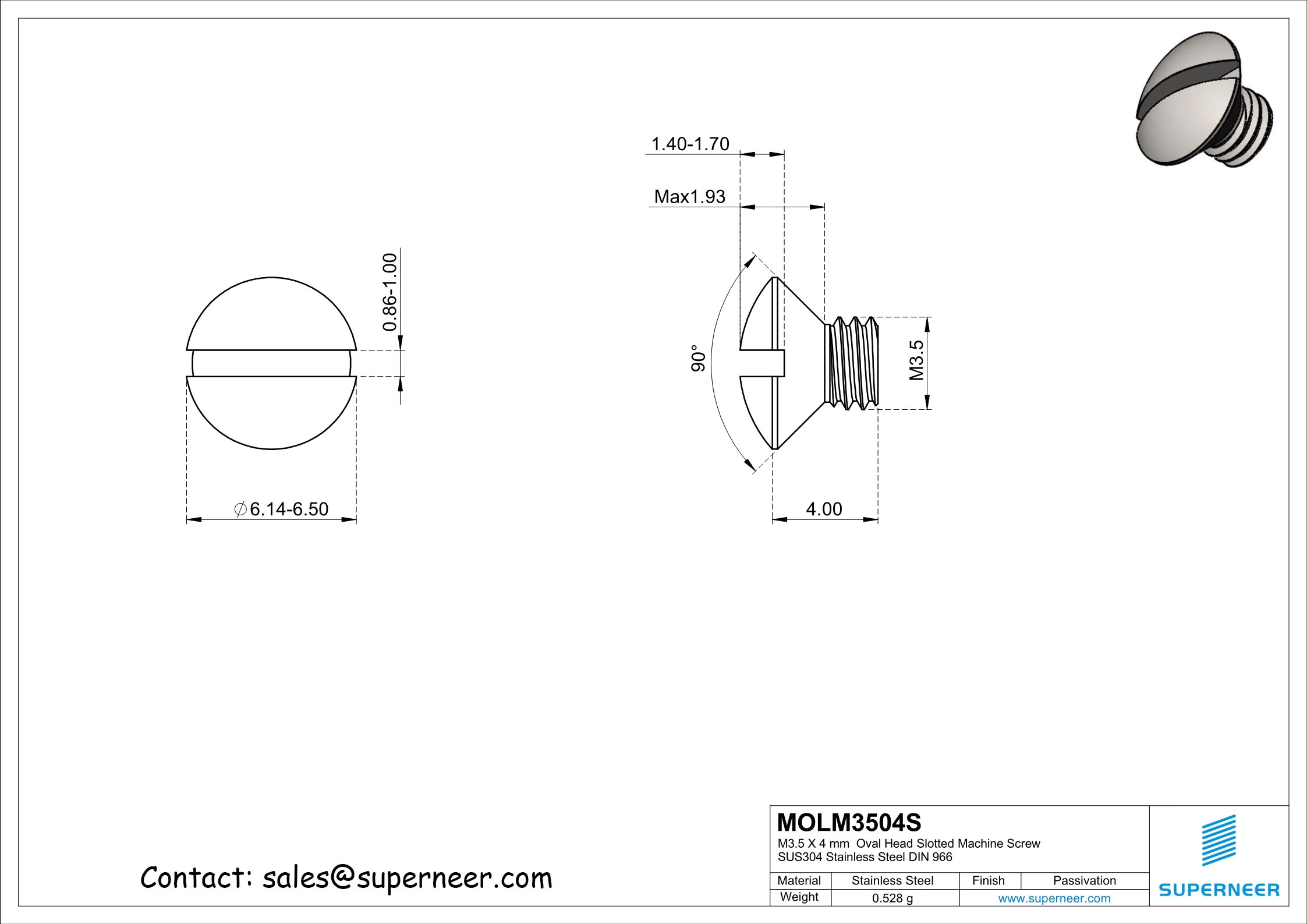 M3.5 x 4 mm Oval Head Slotted Machine Screw SUS304 Stainless Steel Inox DIN 964