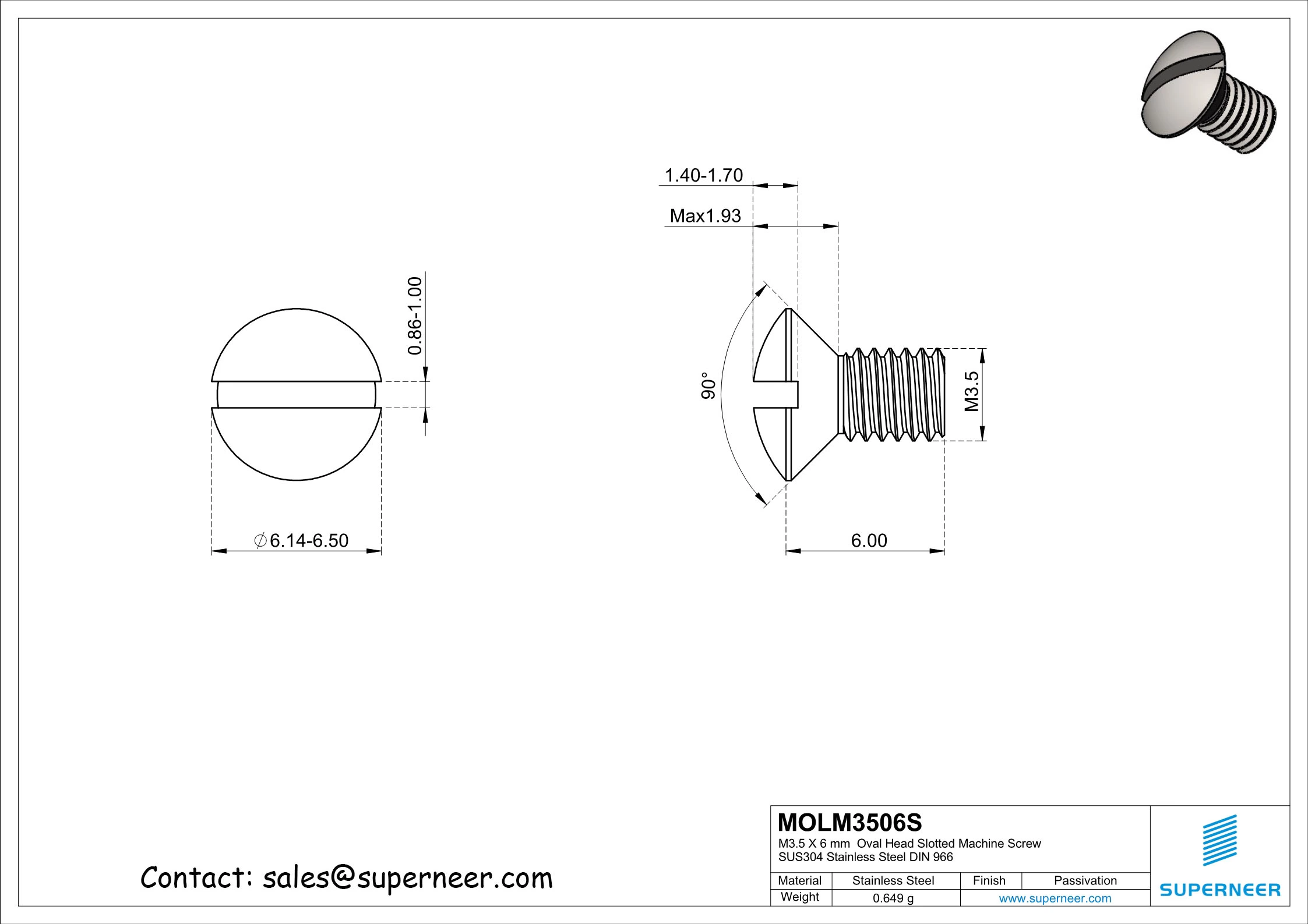 M3.5 x 6 mm Oval Head Slotted Machine Screw SUS304 Stainless Steel Inox DIN 964