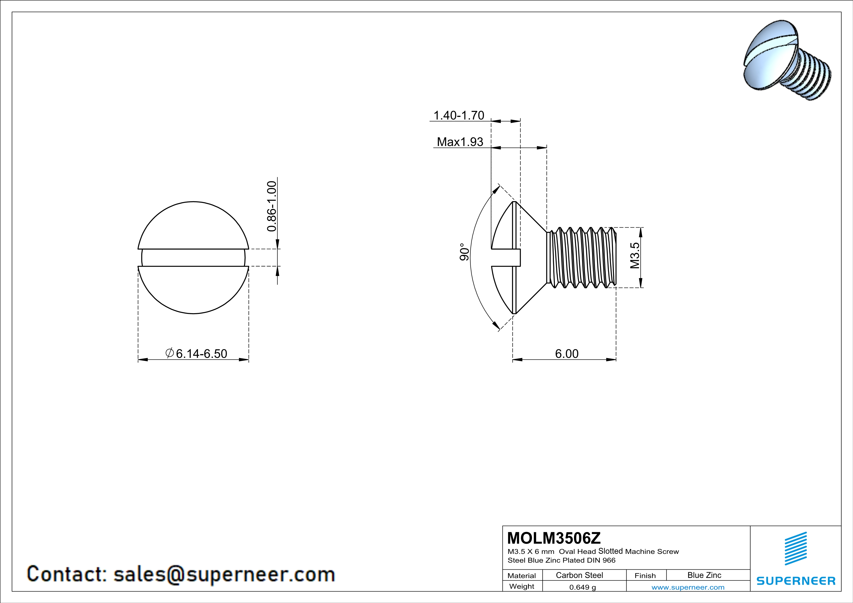 M3.5 x 6 mm Oval Head Slotted Machine Screw Steel Blue Zinc Plated DIN 964