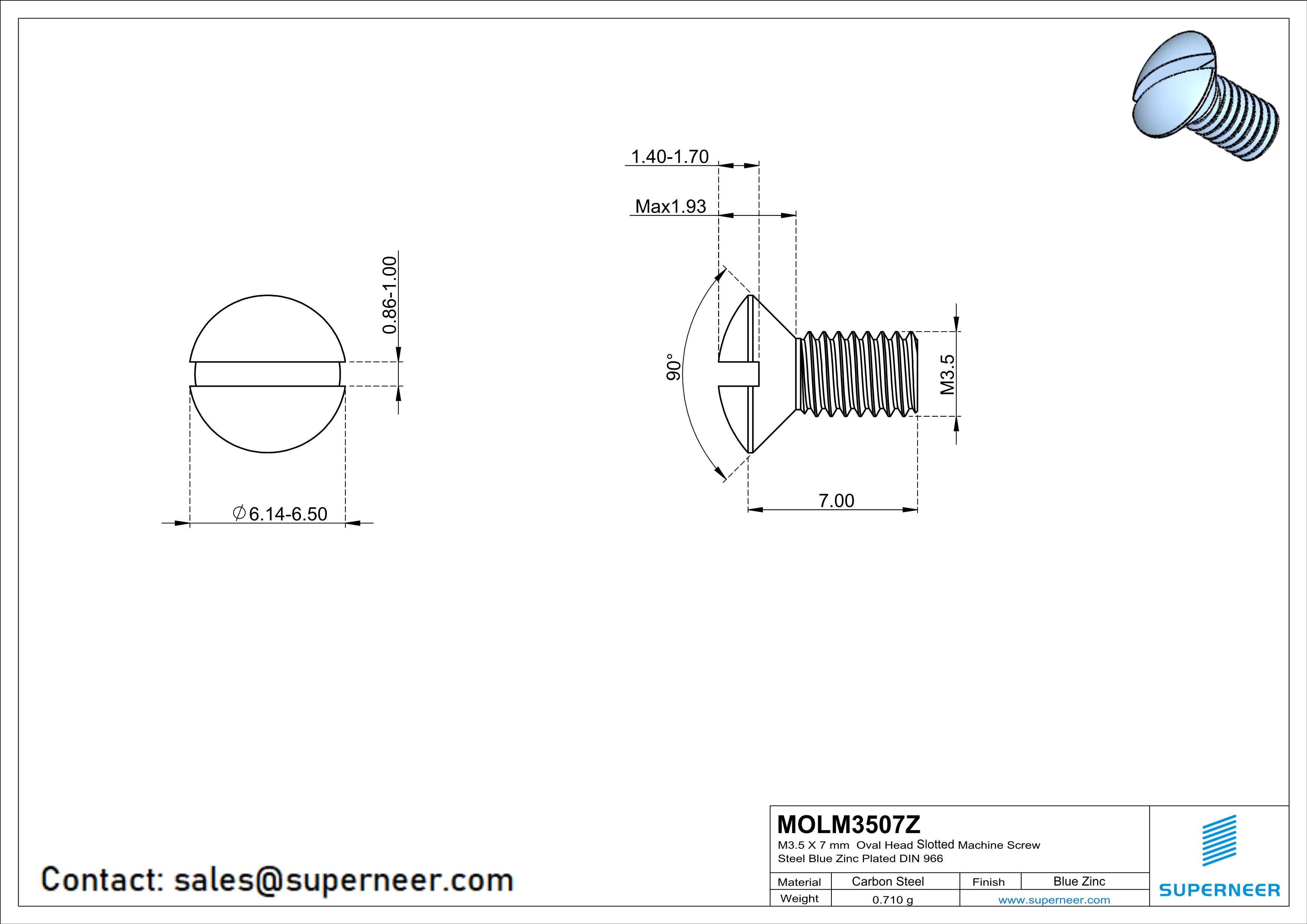 M3.5 x 7 mm Oval Head Slotted Machine Screw Steel Blue Zinc Plated DIN 964