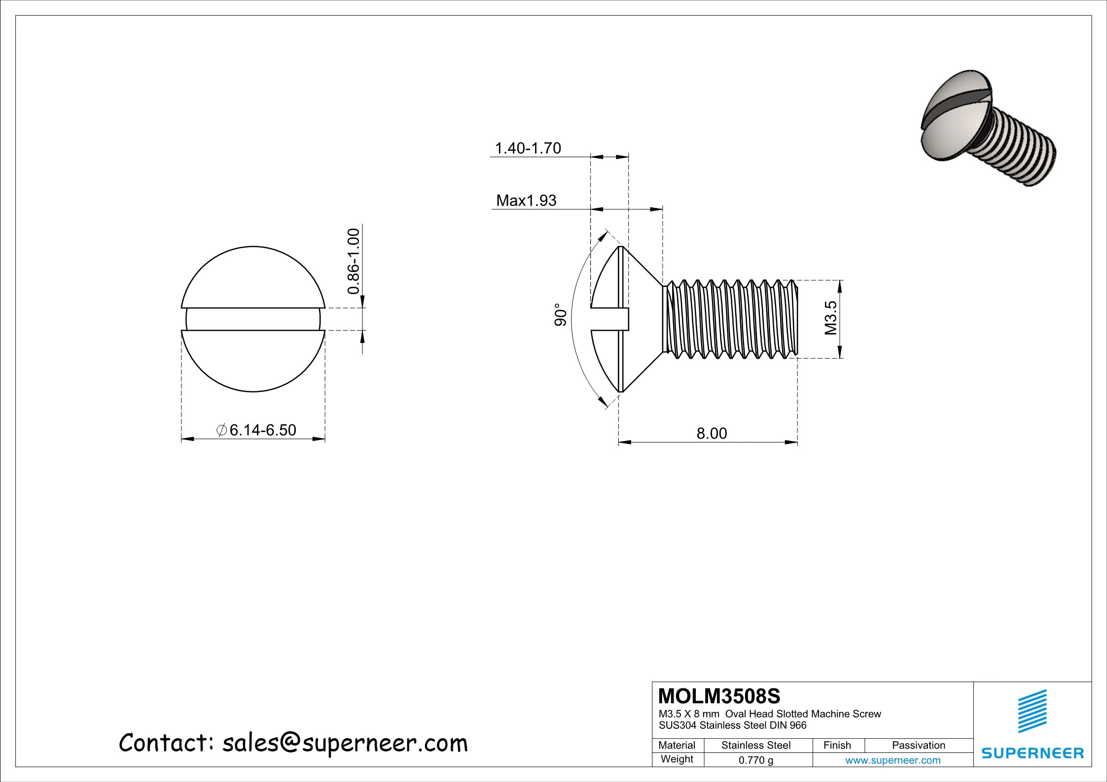 M3.5 x 8 mm Oval Head Slotted Machine Screw SUS304 Stainless Steel Inox DIN 964