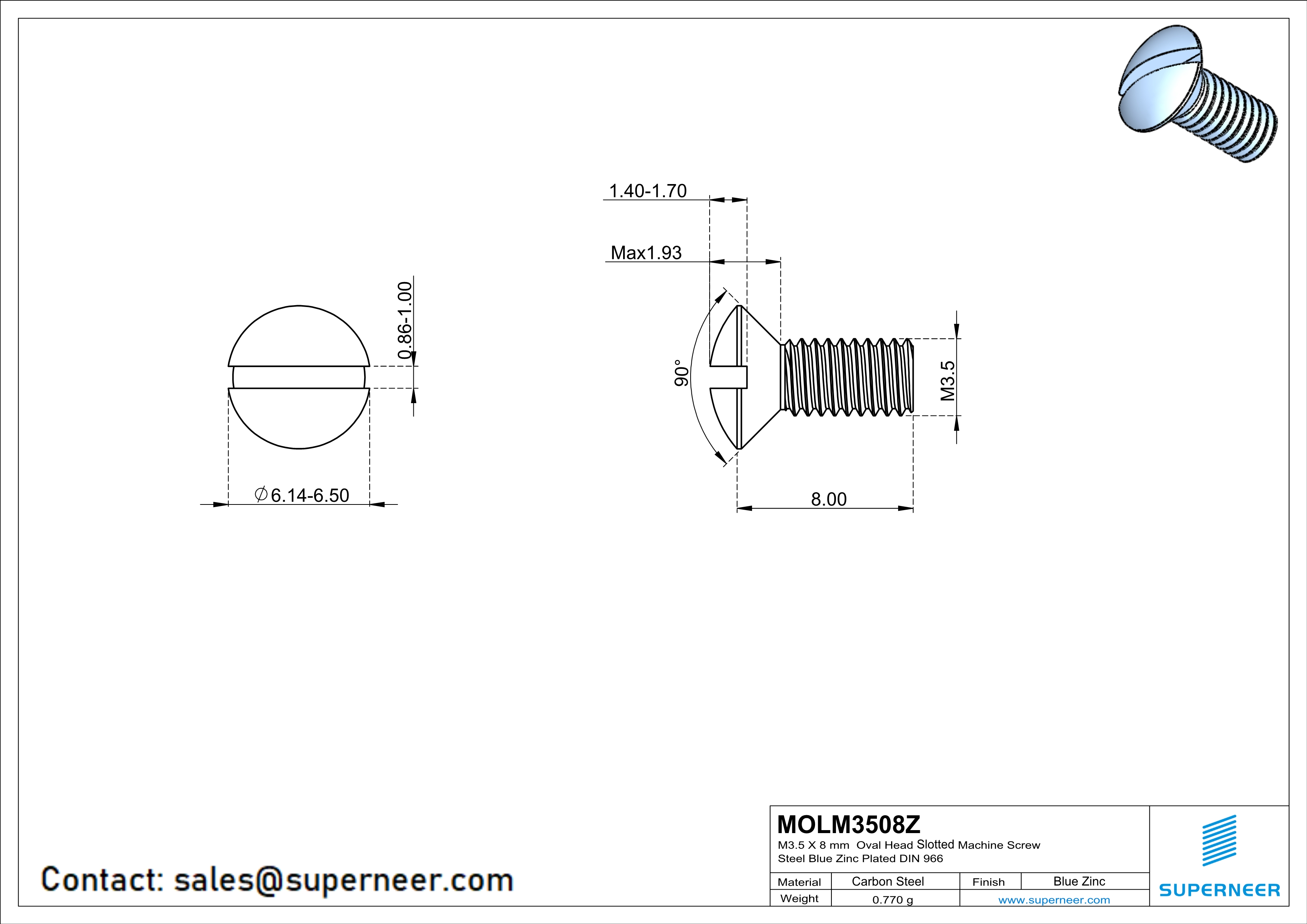 M3.5 x 8 mm Oval Head Slotted Machine Screw Steel Blue Zinc Plated DIN 964