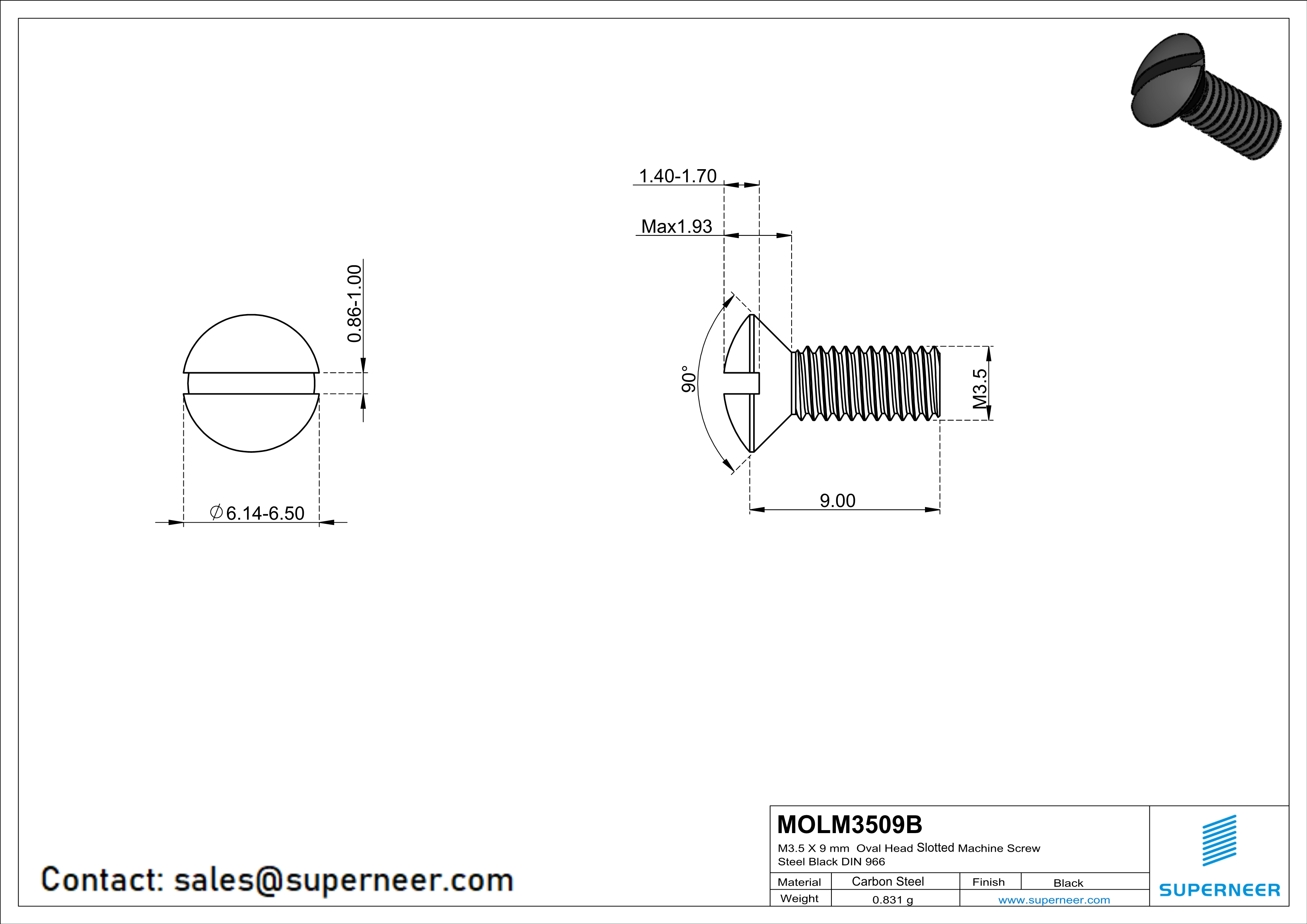 M3.5 x 9 mm Oval Head Slotted Machine Screw Steel Black DIN 964