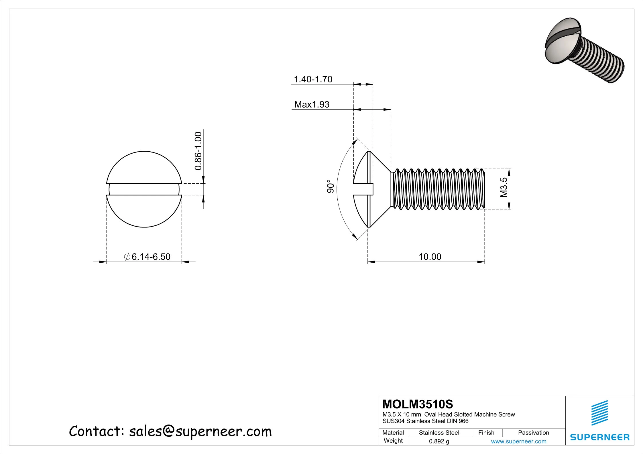 M3.5 x 10 mm Oval Head Slotted Machine Screw SUS304 Stainless Steel Inox DIN 964