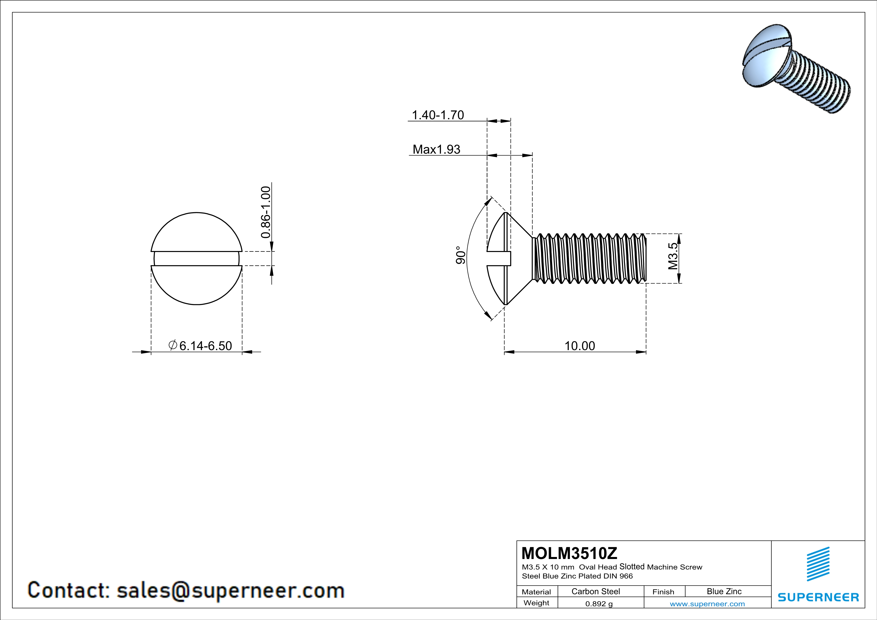 M3.5 x 10 mm Oval Head Slotted Machine Screw Steel Blue Zinc Plated DIN 964