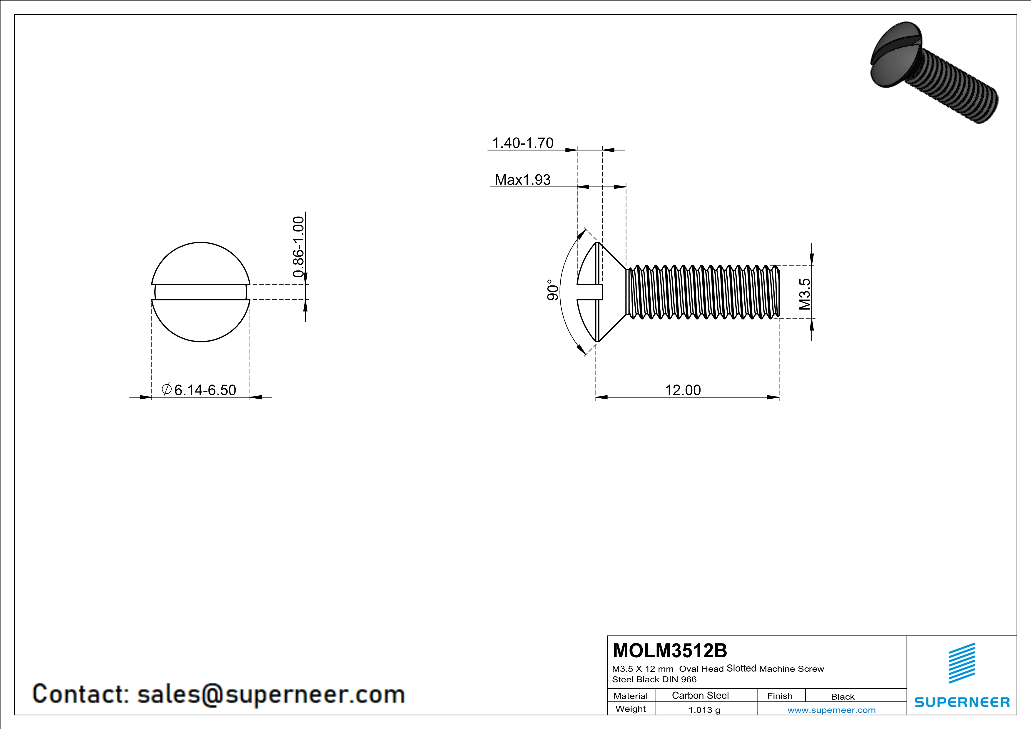 M3.5 x 12 mm Oval Head Slotted Machine Screw Steel Black DIN 964